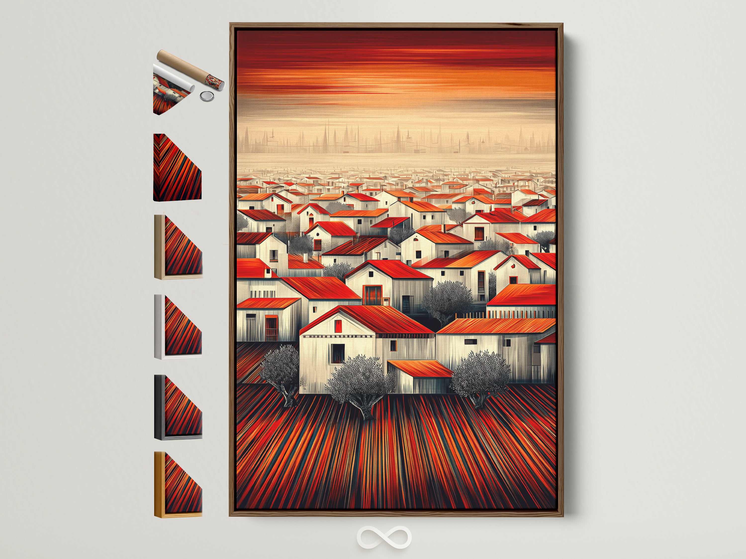 Mediterranean Town Wall Art in a brown frame. This rustic landscape artwork adds warmth to any home decor. The print features a village with red roofs. Explore frame options to customize your artwork.