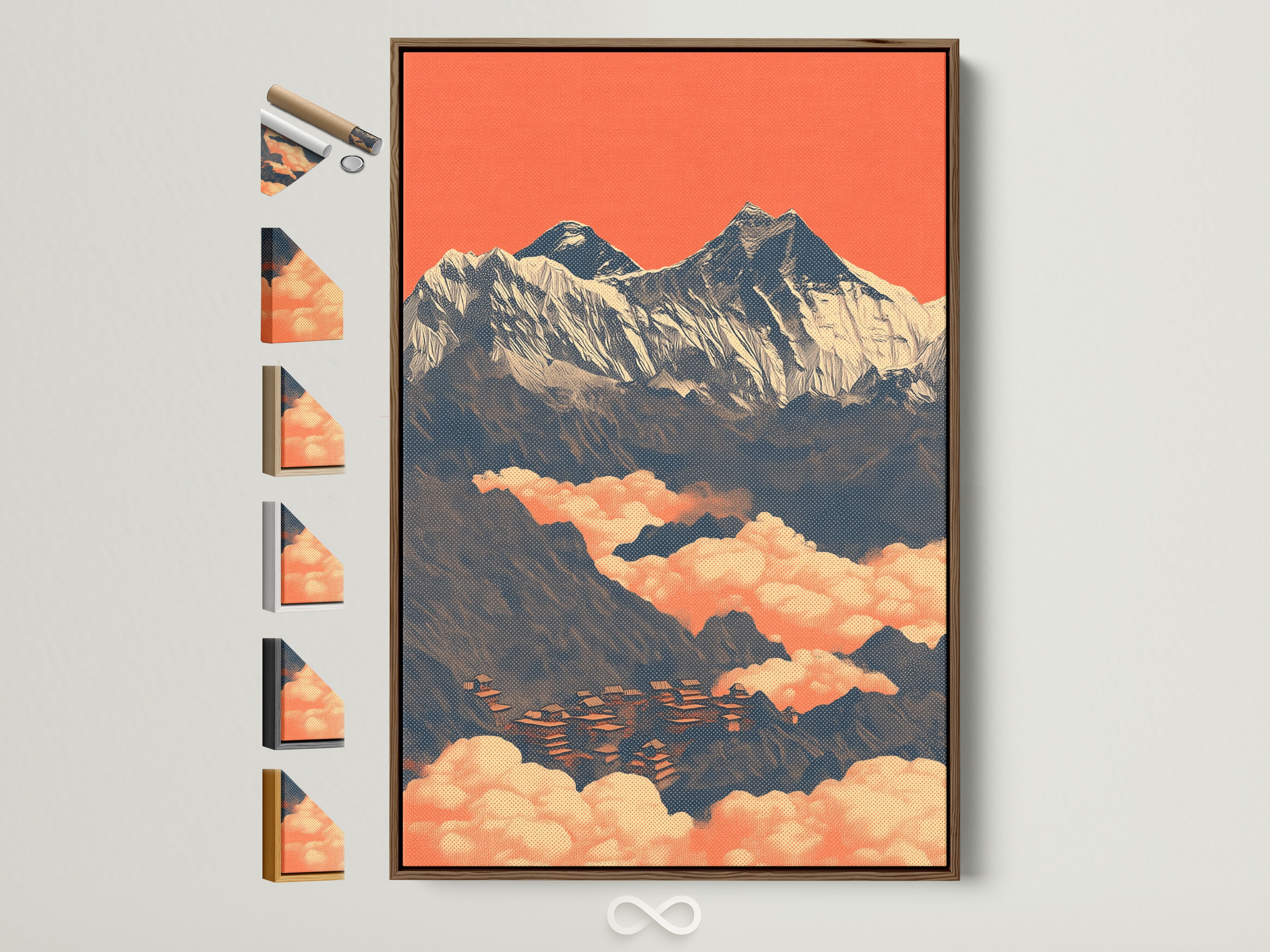 Rustic mountain peak artwork framed in a brown frame. The wall art features a Himalayan landscape with peach and teal accents. See all frame options available for this vintage travel poster. Perfect study room decor.