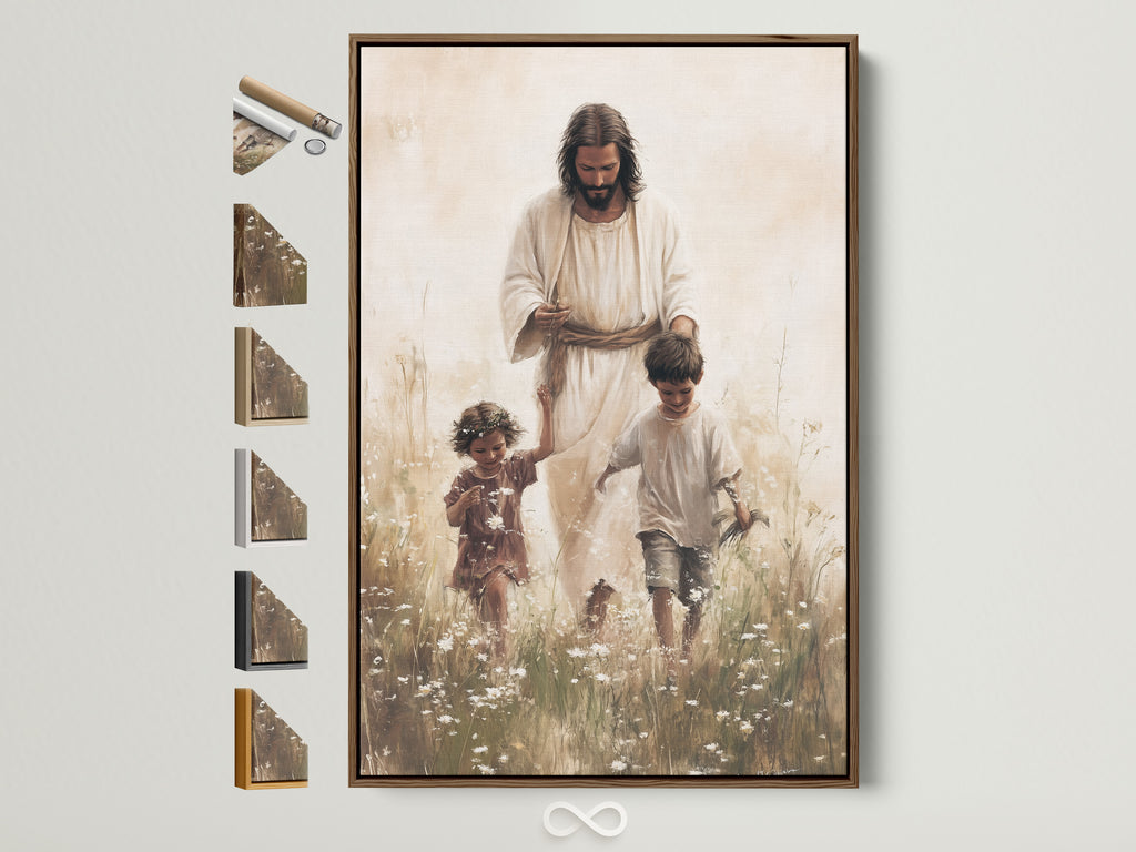 Artwork of Jesus Christ walking with two children in a field of flowers is beautifully displayed in a brown frame. Explore our frame options to customize your sacred artwork. Find the perfect frame to complement your home decor.