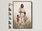 Artwork of Jesus Christ walking with two children in a field of flowers is beautifully displayed in a brown frame. Explore our frame options to customize your sacred artwork. Find the perfect frame to complement your home decor.