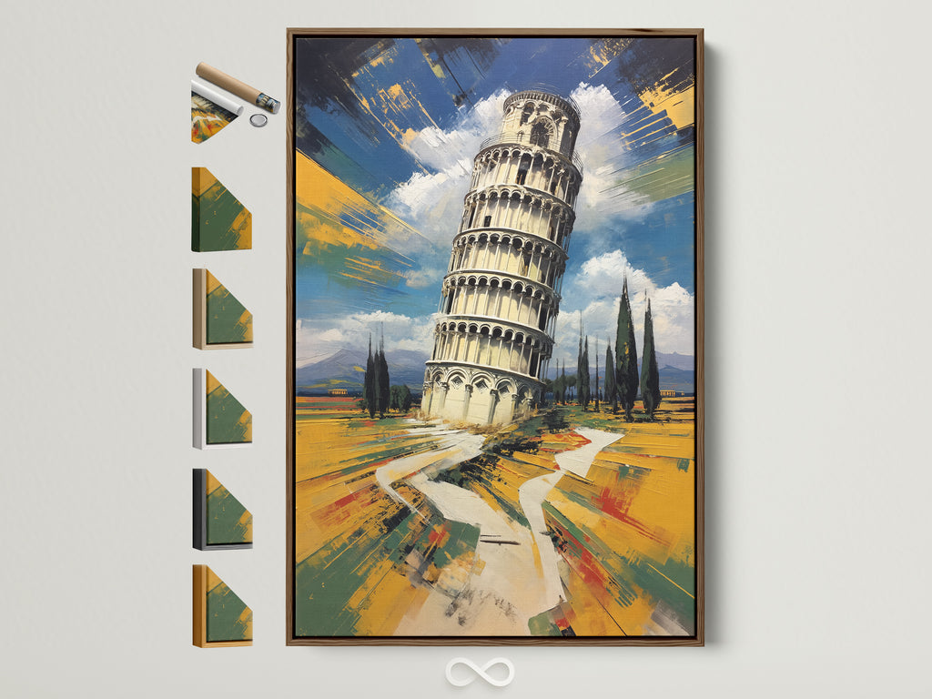 Explore Leaning Tower Pisa artwork in a brown frame Stretched canvas and framed options are displayed. Find the perfect fit for your Italian architecture canvas print. Many frame colors are available.
