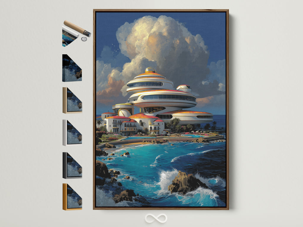 Futuristic Architecture art print in a brown frame. See all our frame options on the side. This coastal wall art complements modern minimalist or coastal styles. An elevated piece for any room. Perfect for homeowners renters interior designers and business owners.