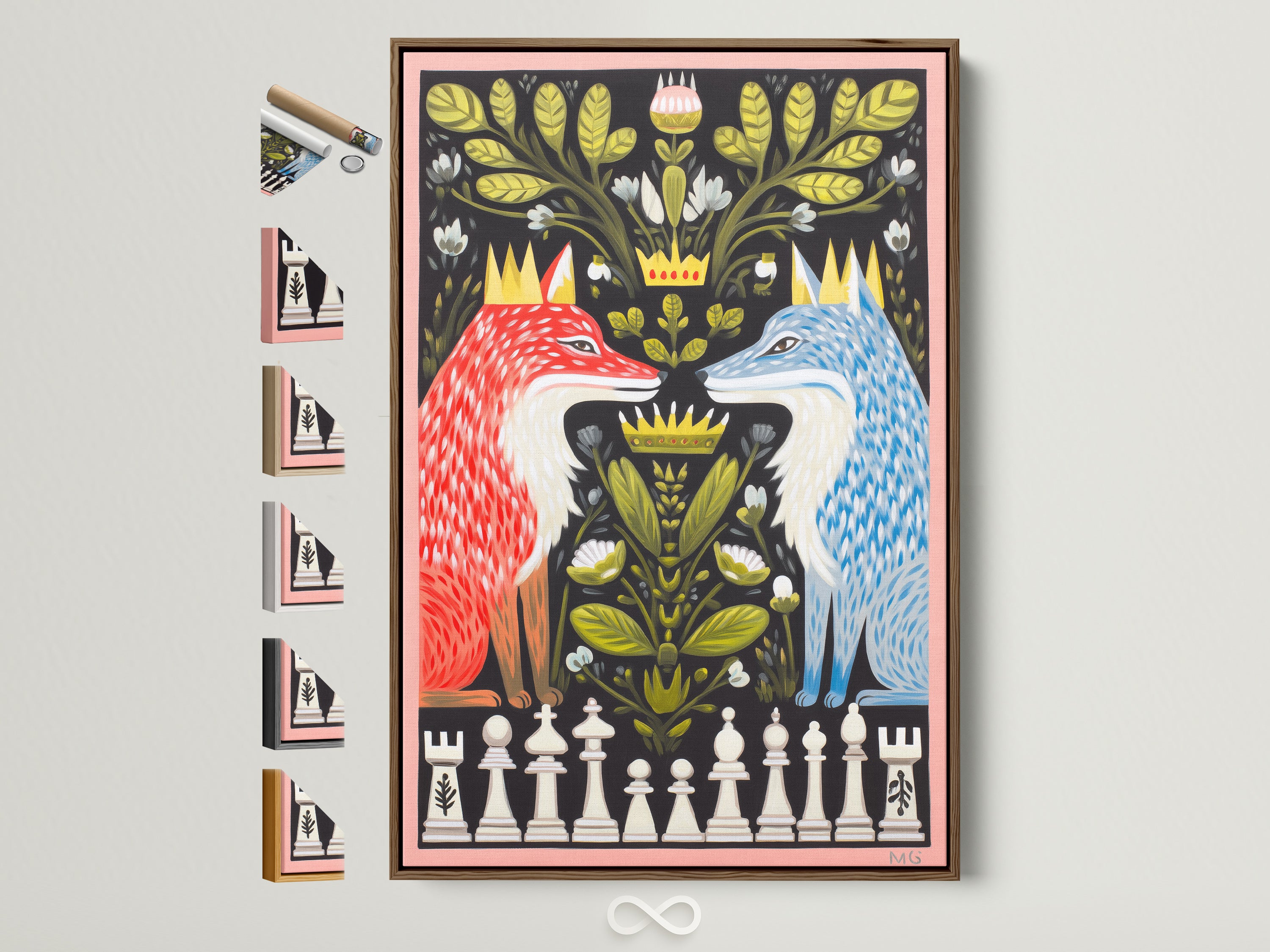 Fox Chess Canvas artwork is displayed in a brown frame. Various frame options are visible. This whimsical animal wall art is perfect for game rooms. The red and blue art adds a touch of sophistication. Consider this unique artwork for your home decor needs.