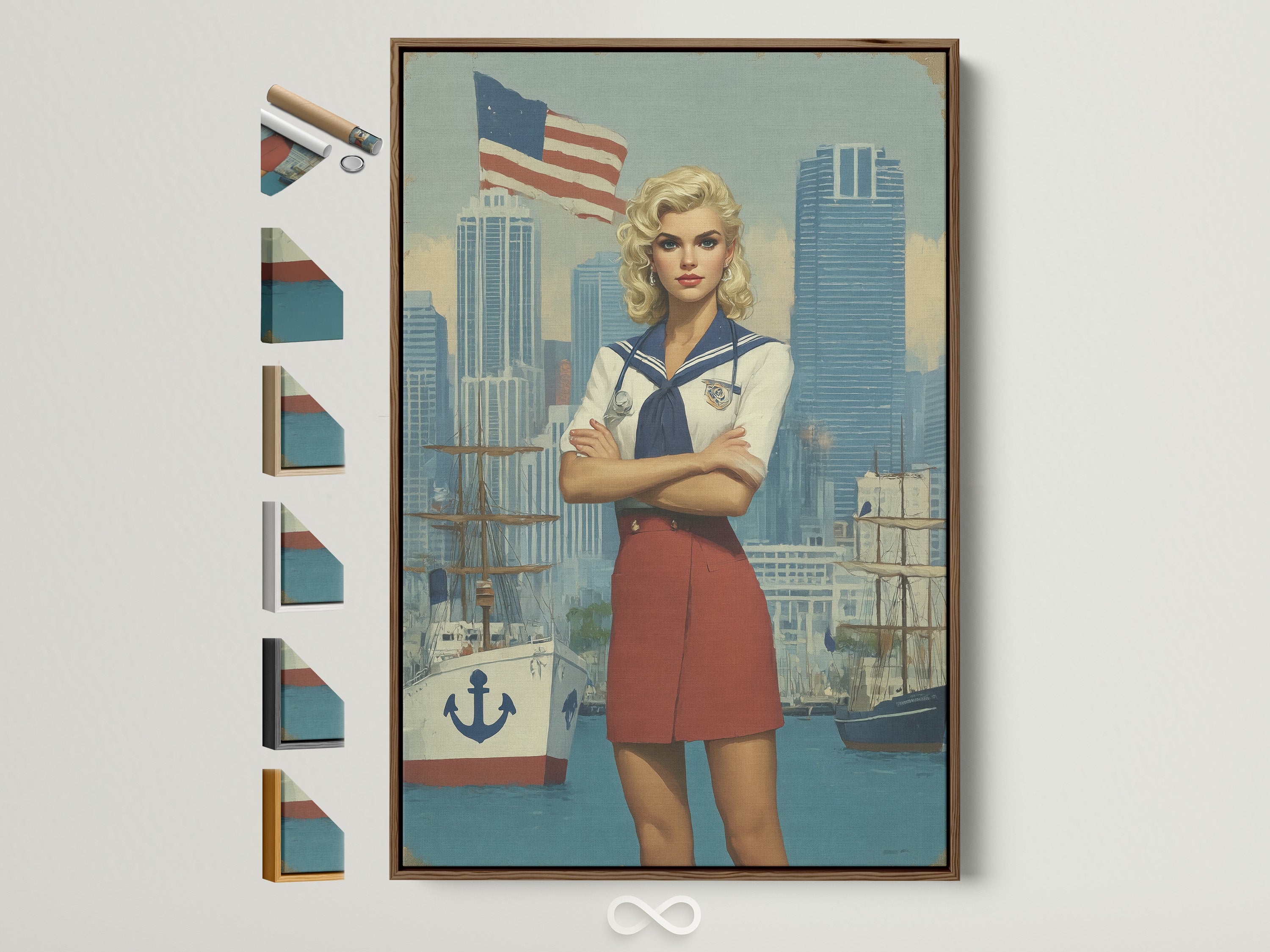 Vintage Navy Pin-Up artwork with a brown frame. The artwork features a sailor girl with a ship and city backdrop. Frame options are displayed. Ideal for nautical Americana decor.