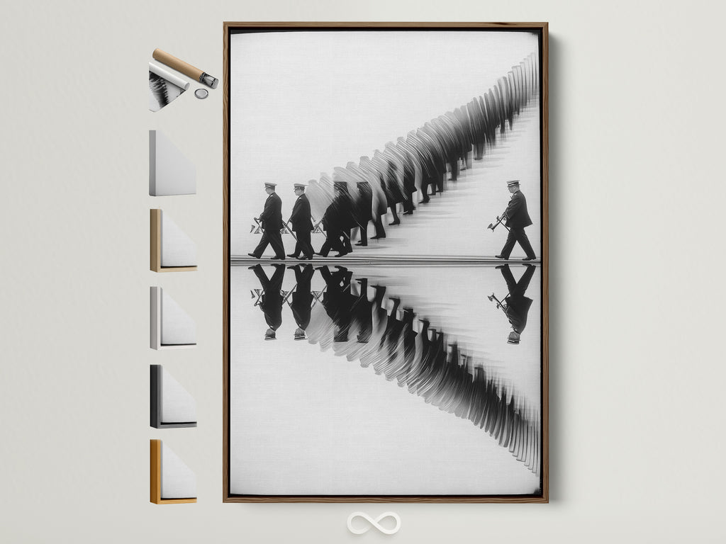 A black and white marching band artwork is displayed in a brown frame. All frame options are visible on the side. The artwork features musicians in uniform with reflection. A unique piece for music lovers and contemporary spaces. This art elevates office wall decor music rooms and studios.