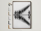 A black and white marching band artwork is displayed in a brown frame. All frame options are visible on the side. The artwork features musicians in uniform with reflection. A unique piece for music lovers and contemporary spaces. This art elevates office wall decor music rooms and studios.
