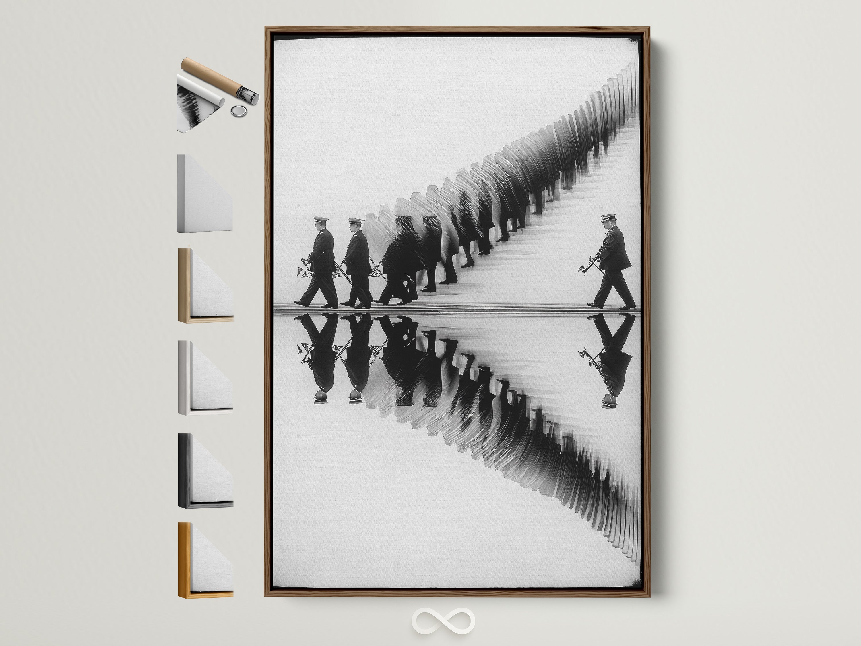 A black and white marching band artwork is displayed in a brown frame. All frame options are visible on the side. The artwork features musicians in uniform with reflection. A unique piece for music lovers and contemporary spaces. This art elevates office wall decor music rooms and studios.