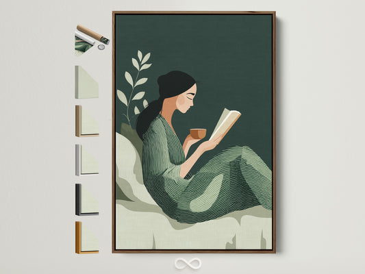 Reading Woman art is displayed in a brown frame. See all frame options available. This modern minimalist artwork features a woman reading. It adds a touch of cozy sophistication to any room. Perfect for study room decor or a book lover's gift.