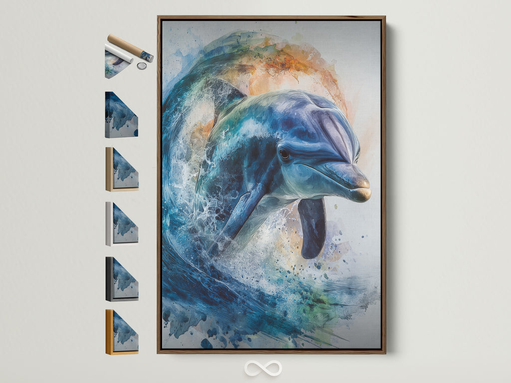 A vibrant dolphin artwork is displayed in a brown frame. All frame options are visible on the side. The artwork captures the beauty of marine life. Enhance your space with framed artwork.