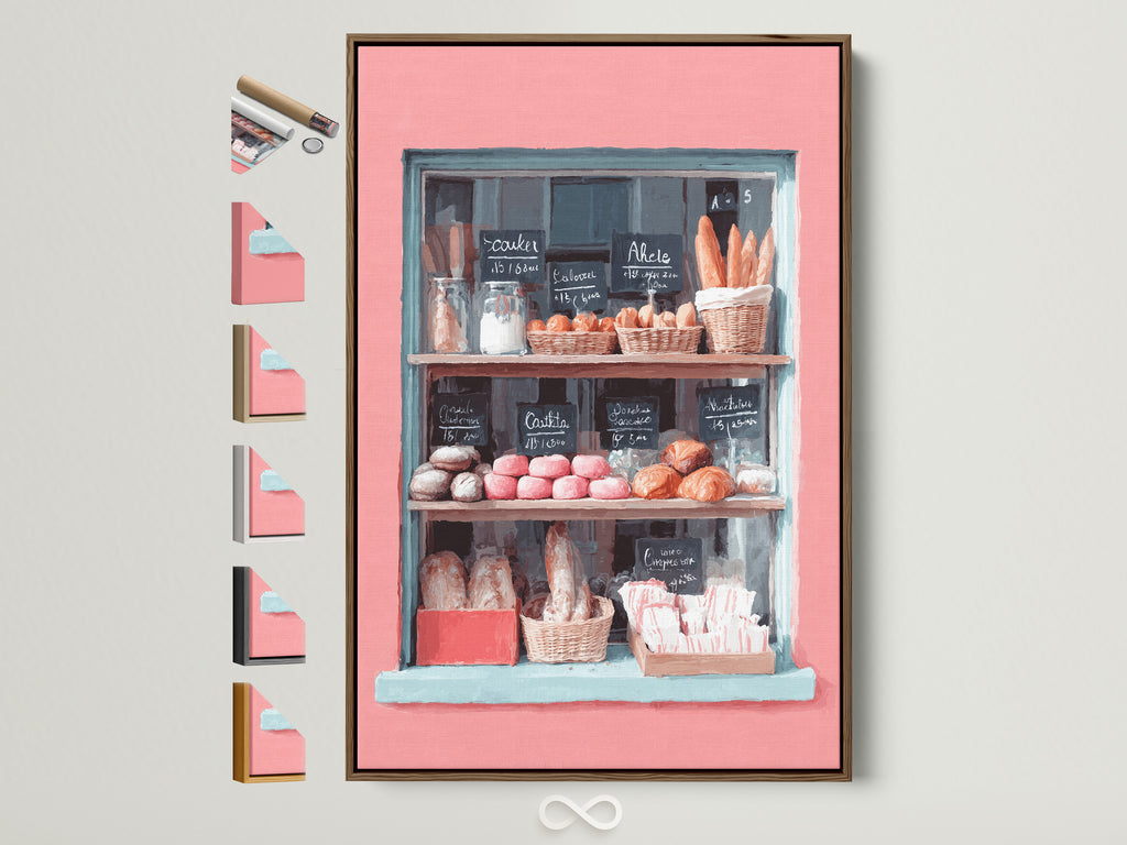 The art is displayed in a brown frame. All frame options are on the side. This artwork adds a touch of elegance to any room. The bakery theme brings warmth and charm. Perfect for kitchen or dining room decor. The frame enhances the art's visual appeal. It creates a focal point on the wall.
