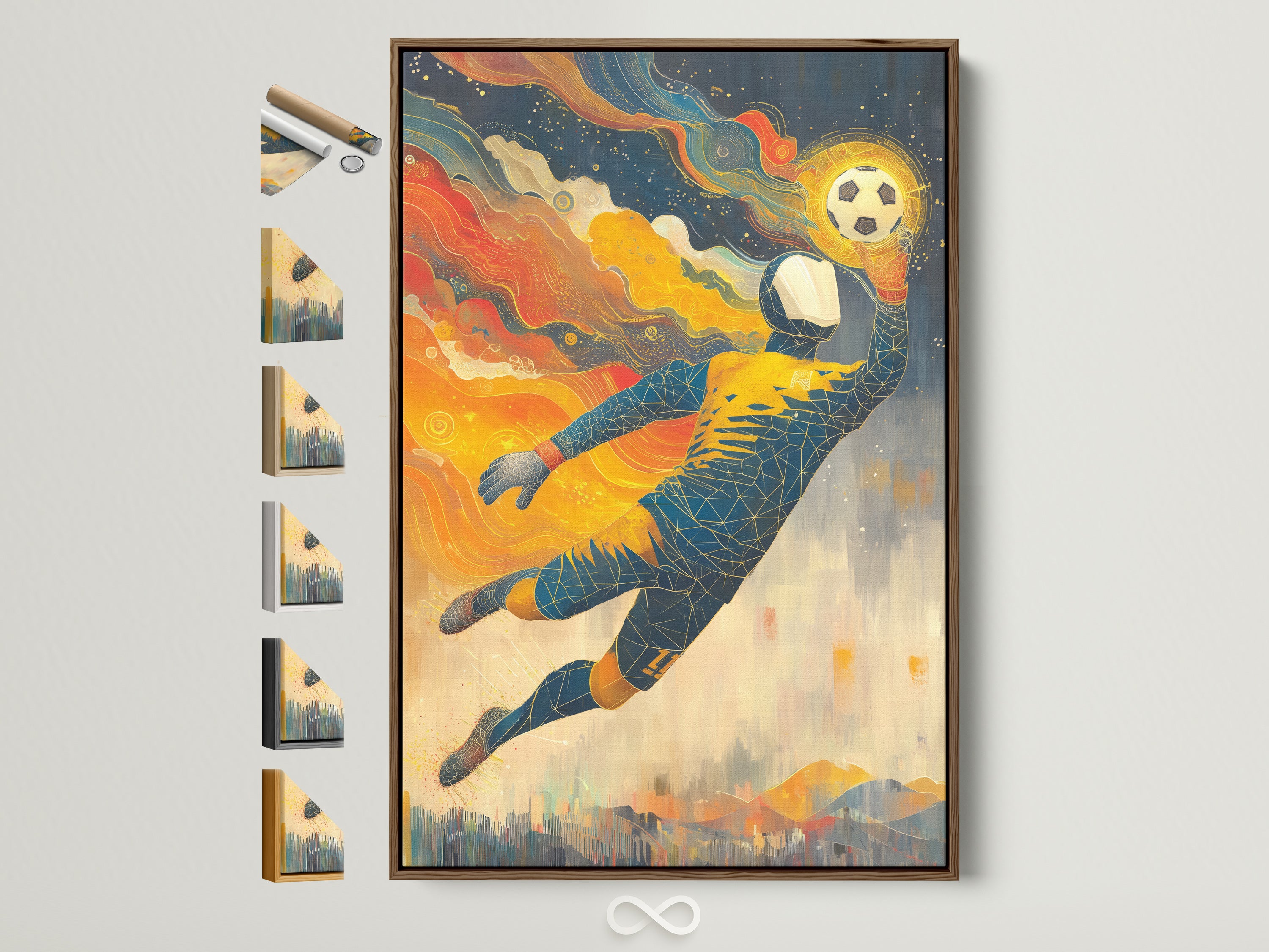 A soccer goalkeeper artwork is displayed in a brown frame. This sports wall decor adds an athletic touch to any room. See all frame options available for this football player poster. Perfect for a boys room or sports bar. This athletic art enhances any space.