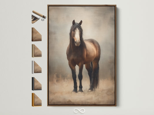 A brown horse artwork is displayed in a brown frame. The frame is hanging on a white wall. This photo shows all frame options available. Consider this artwork for your home