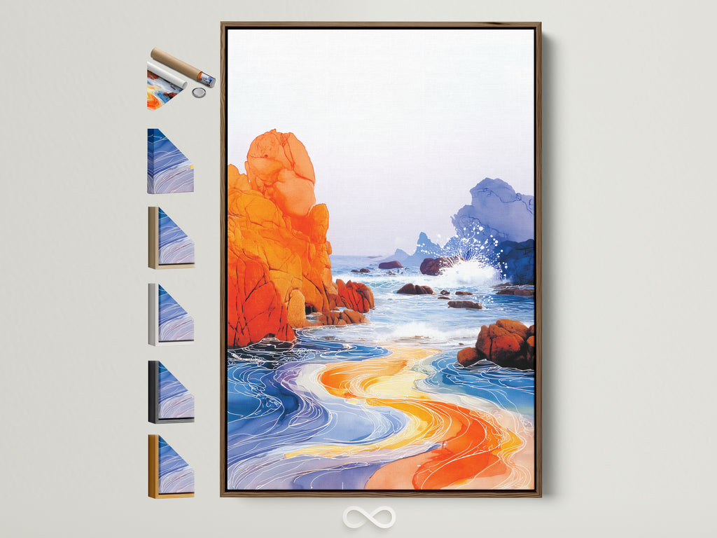 Coastal seascape artwork with orange and blue hues is displayed in a brown frame. The artwork captures a modern beach landscape. See all frame options available for your coastal wall art. Perfect contemporary wall decor for any room.