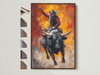 Artwork of a cowboy riding a bull. The artwork is in a brown frame. Various frame options are displayed beside it. Explore our diverse selection of frame styles. Find the perfect frame to complement your artwork. We have oak white black and gold frames