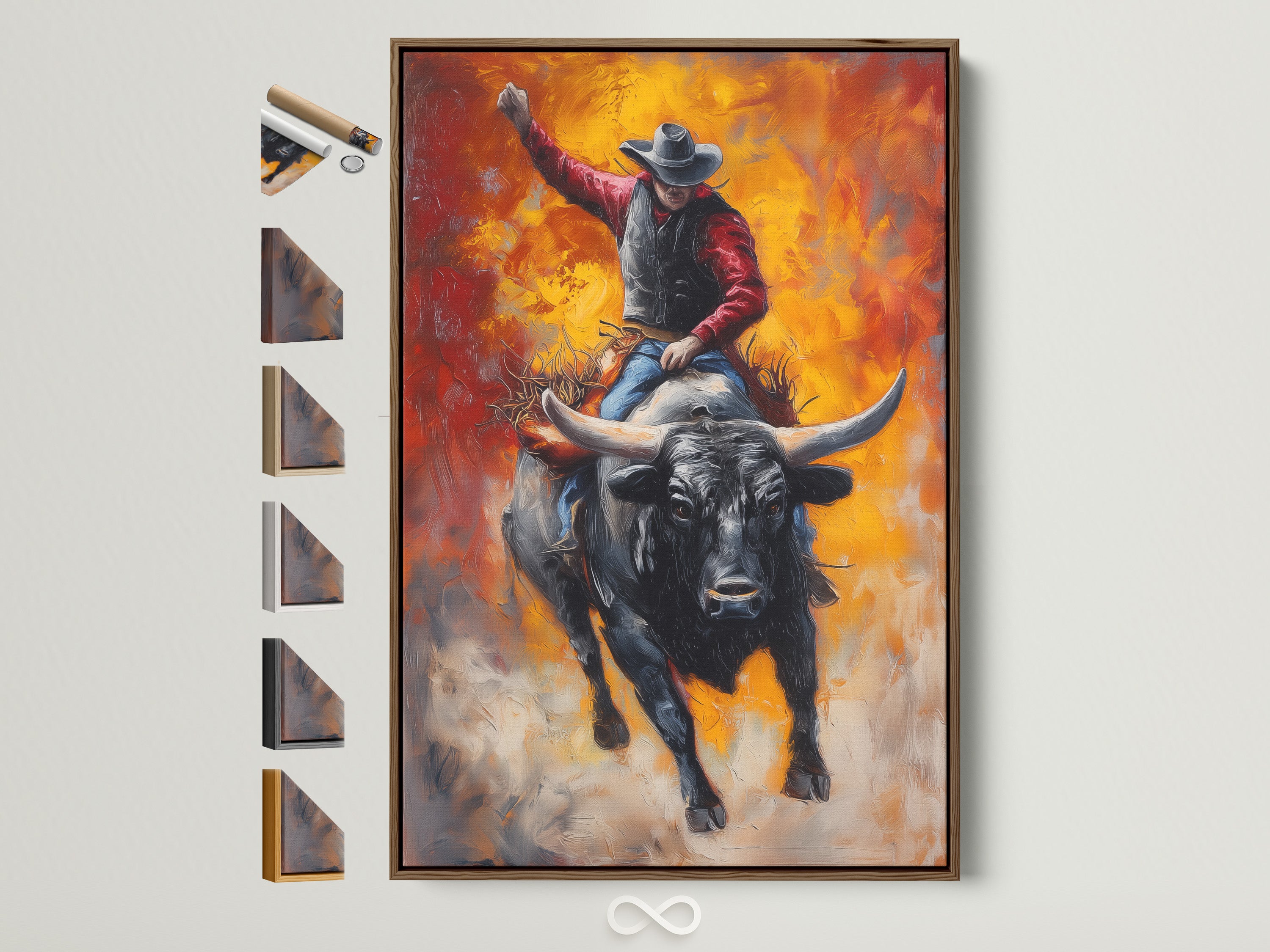 Artwork of a cowboy riding a bull. The artwork is in a brown frame. Various frame options are displayed beside it. Explore our diverse selection of frame styles. Find the perfect frame to complement your artwork. We have oak white black and gold frames