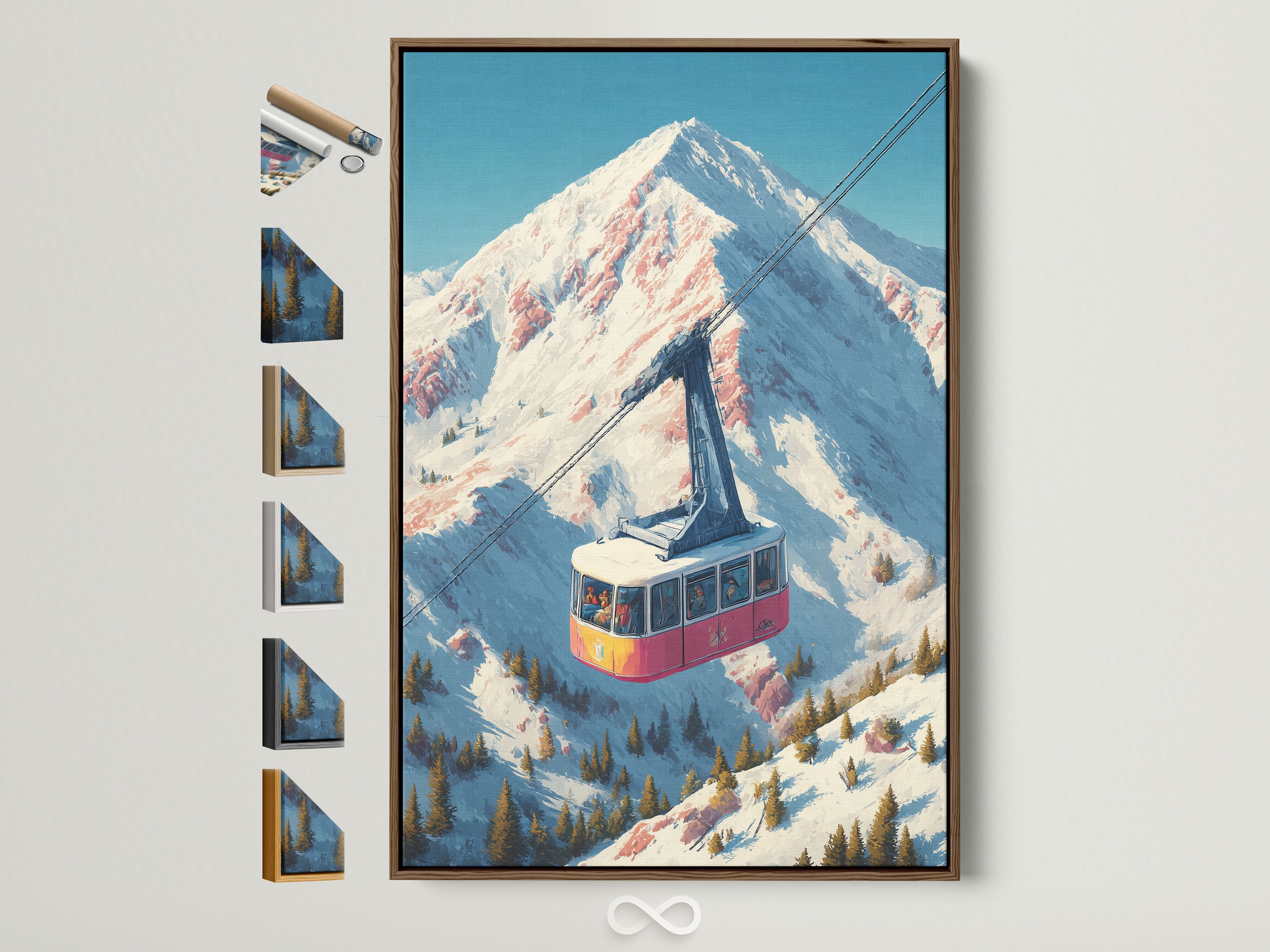 Vintage ski lift art print in a brown frame. The artwork displays an alpine mountain cable car scene. Perfect retro winter sports poster for cabin wall decor. Many frame options are available. Elevate your space with lodge-style mountain artwork.