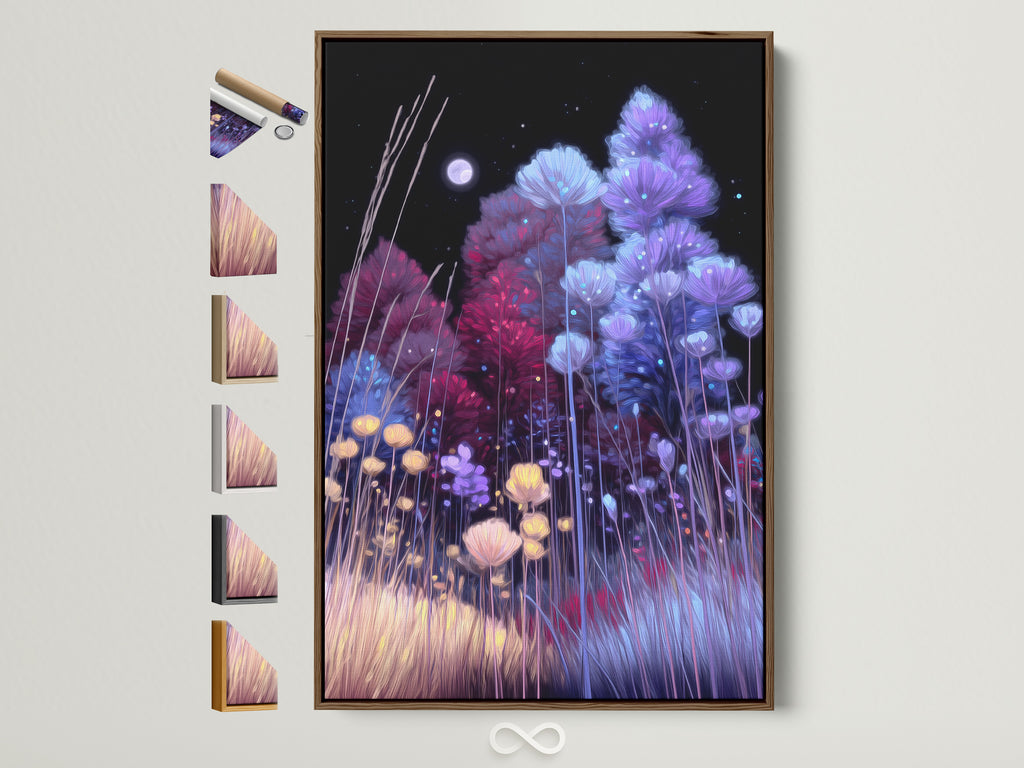 Floral Night Canvas artwork with a brown frame hangs on a light beige wall. The frame options are displayed on the side. This piece adds a touch of modern elegance to any room. Perfect for homeowners and interior lovers.