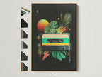 A vibrant art print of a cassette tape with tropical leaves and a sunset is displayed in a brown frame. See all our frame options. Frame colors are shown on the side. Find the perfect frame for your art. It will enhance any room's aesthetic.