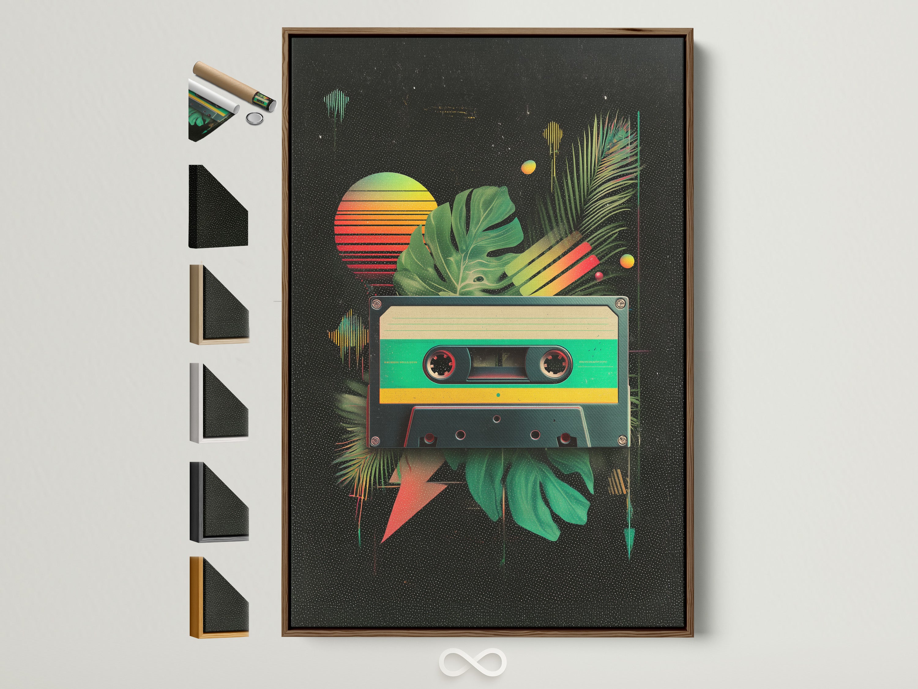 A vibrant art print of a cassette tape with tropical leaves and a sunset is displayed in a brown frame. See all our frame options. Frame colors are shown on the side. Find the perfect frame for your art. It will enhance any room's aesthetic.