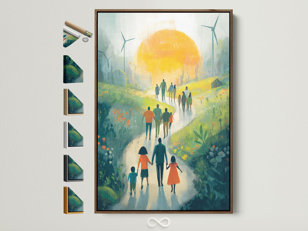 Sustainable Future Art Print - Family Walking Path Landscape, Green Energy Wind Turbines, Eco Friendly Wall Decor, Hope Artwork