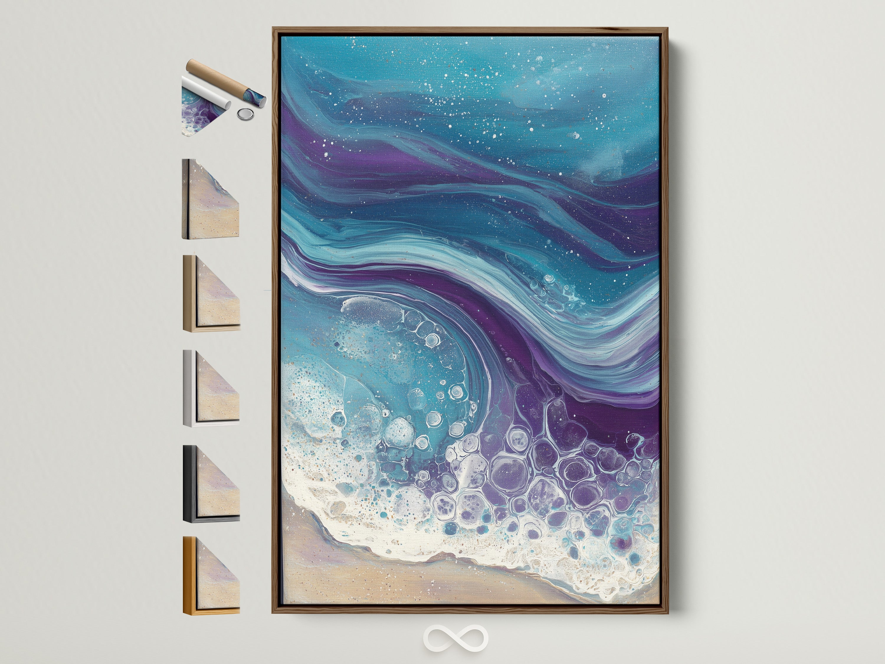 Ocean Wave Abstract artwork with a brown frame. The artwork has teal and purple fluid art. This coastal wall art is perfect for bedroom decor. All frame options are displayed on the side.