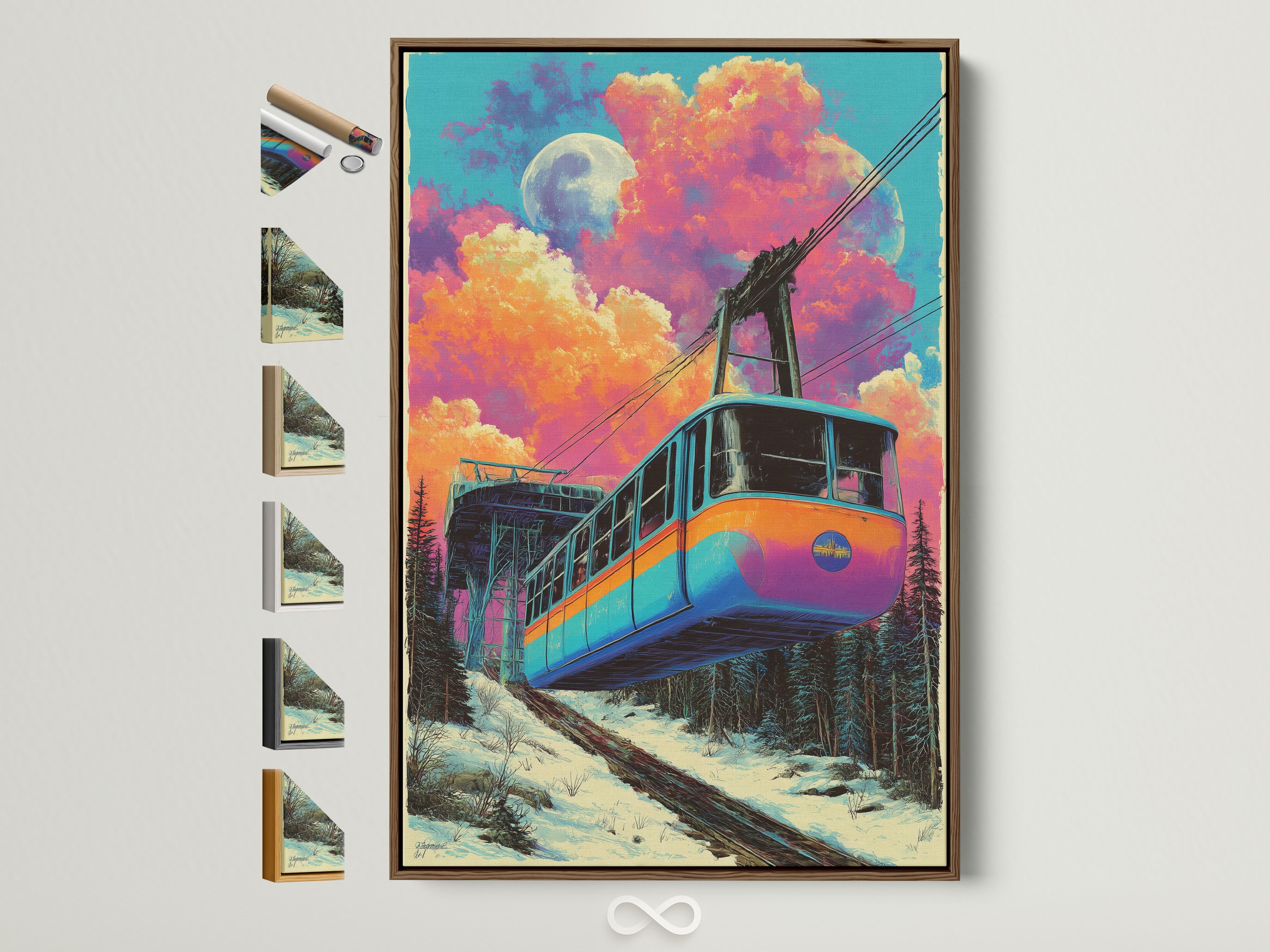 Retro cable car artwork with a brown frame. See all available frame options. This vintage ski lift wall art adds a pop of color. The mountain railway canvas enhances bedroom wall decor. Perfect for retro mid-century and lodge-style decor.