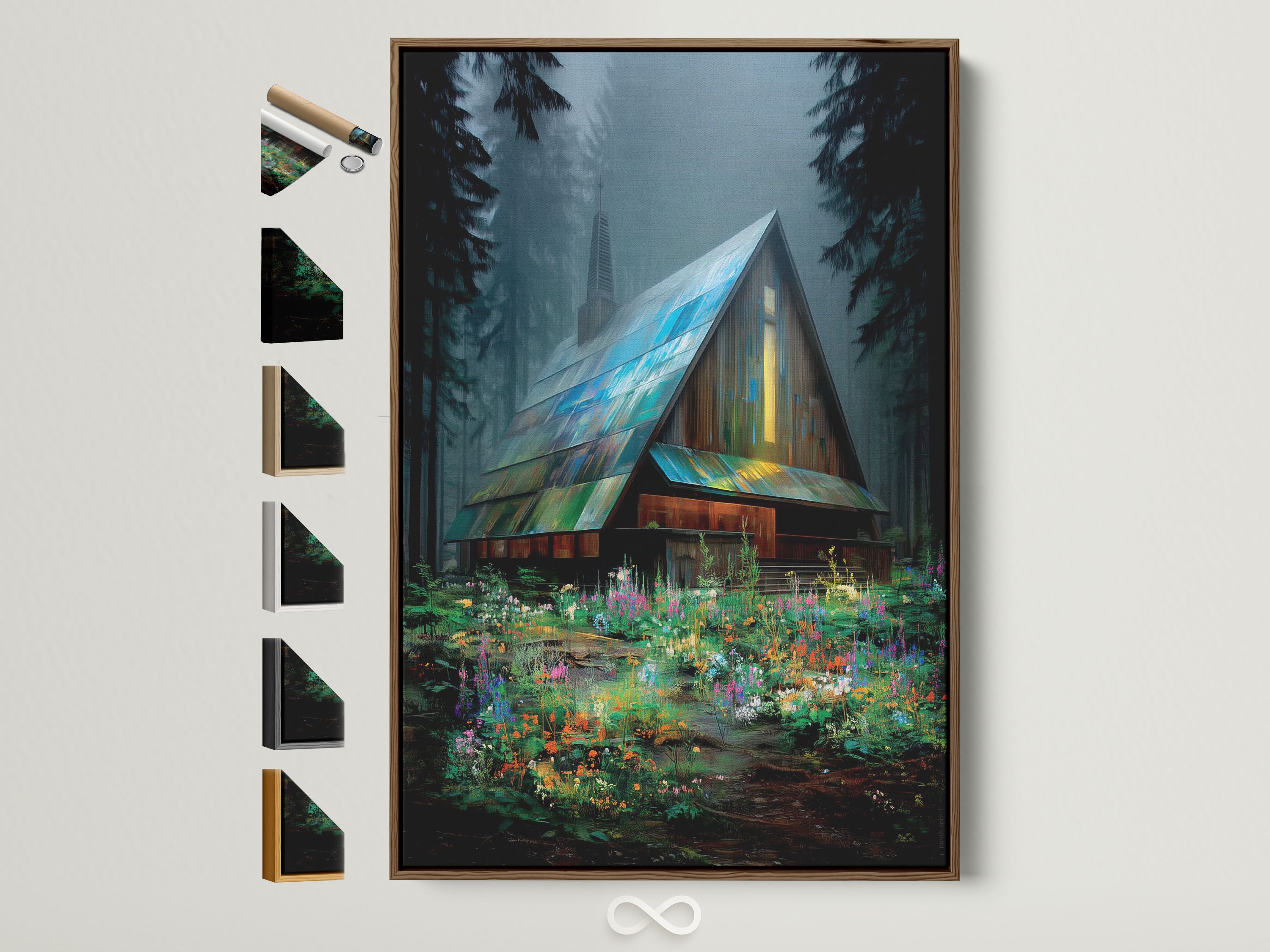 A cabin in woods canvas print is displayed. The artwork features a colorful floral landscape. This is framed in a brown frame. The photo showcases all available frame options. Perfect for cottagecore decor and nature-themed rooms.