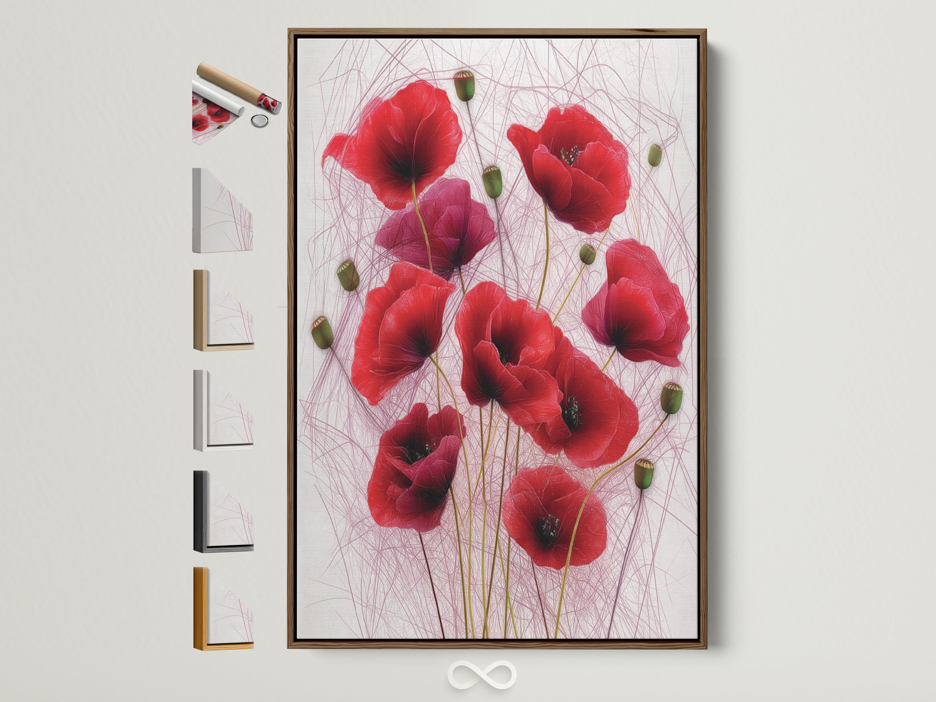 Red Poppy Floral Artwork in a Brown Frame. This botanical flower art print adds elegance to any room. The crimson red artwork is perfect for bedroom decor. Explore frame options to customize your floral wall art.