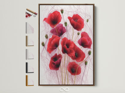 Red Poppy Floral Artwork in a Brown Frame. This botanical flower art print adds elegance to any room. The crimson red artwork is perfect for bedroom decor. Explore frame options to customize your floral wall art.