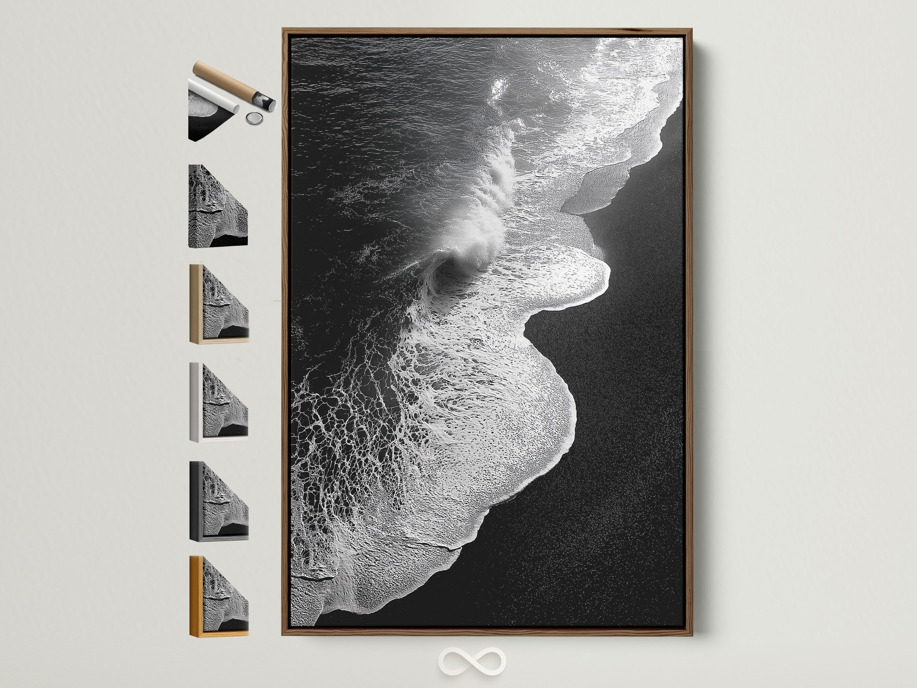 A stunning black and white ocean wave artwork print is showcased in a brown frame. This display includes various frame choices. It is perfect for coastal wall art enthusiasts. Discover minimalist beach photography for serene bedroom decor. The artwork captures the essence of ocean photography. It offers a modern coastal art vibe.