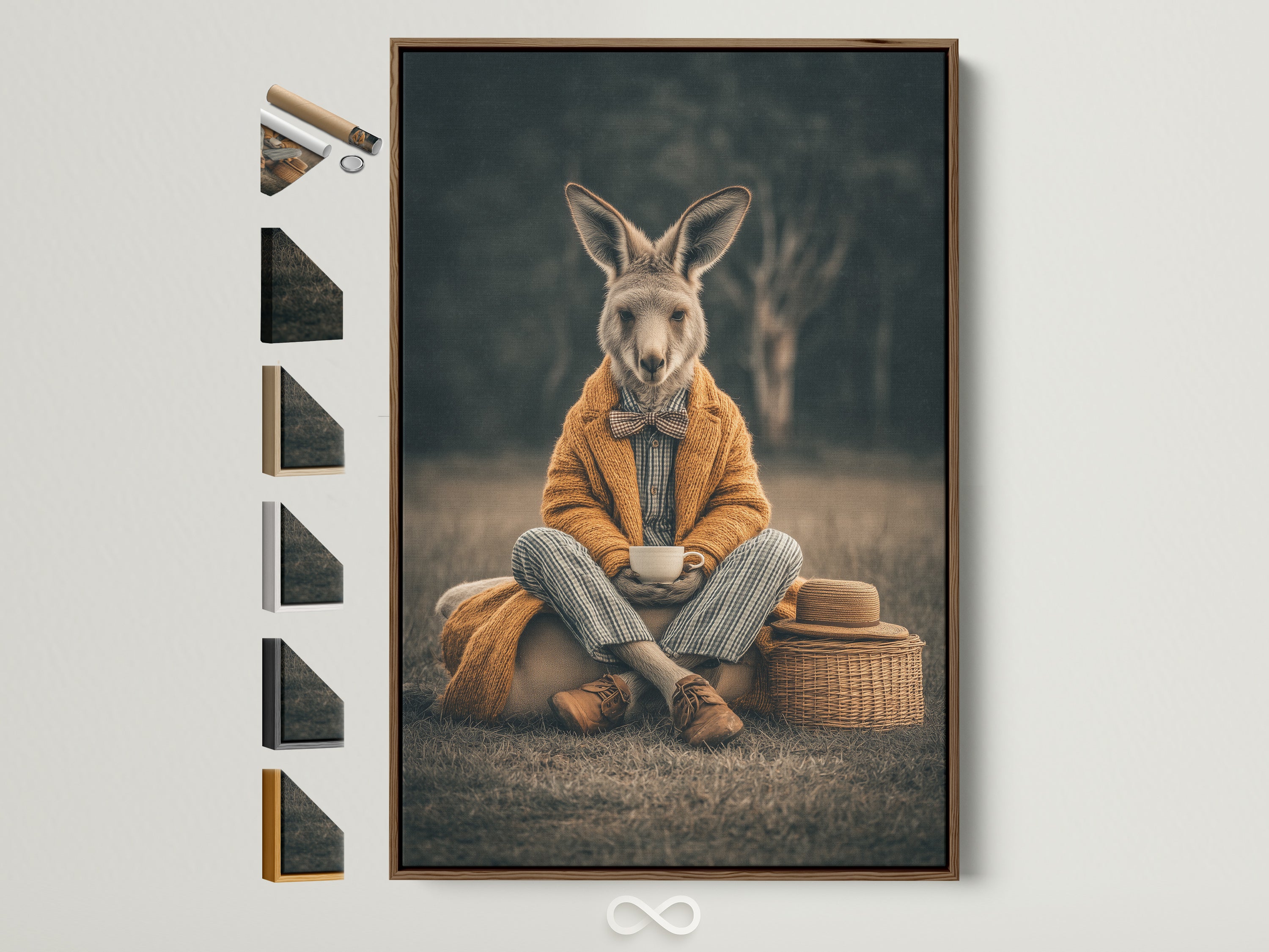 Elevate your space with whimsical rabbit art. This vintage animal portrait canvas adds charm to any room. See frame options like brown oak white black and gold. Ideal for nursery and study room decor. This anthropomorphic wall art brings a unique touch. Perfect as a rabbit canvas print.