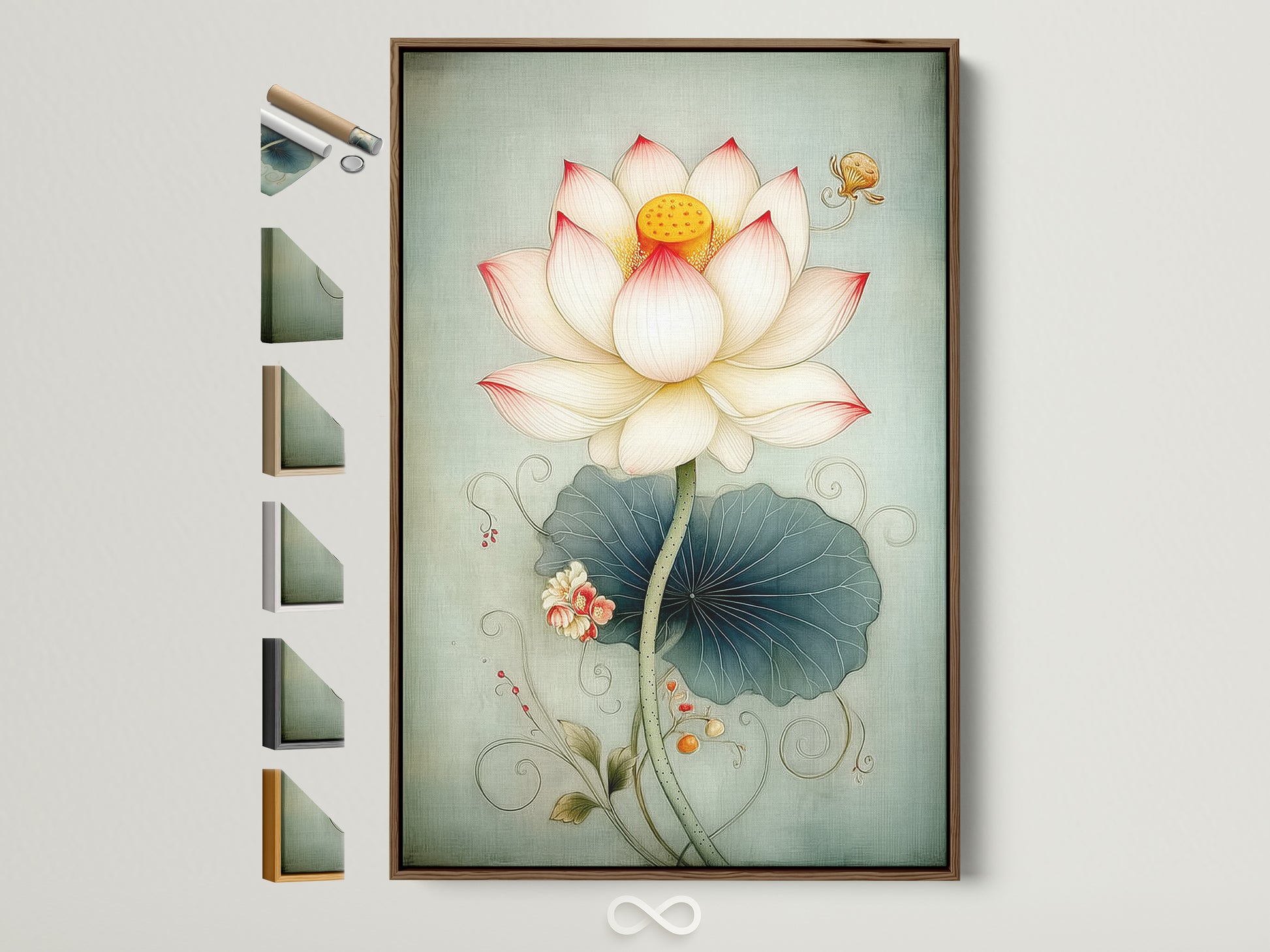Lotus Flower artwork with a brown frame. This botanical wall art adds a touch of Asian serenity to any space. Explore framing options to perfectly complement your decor. Discover serene art prints for calming wall art.