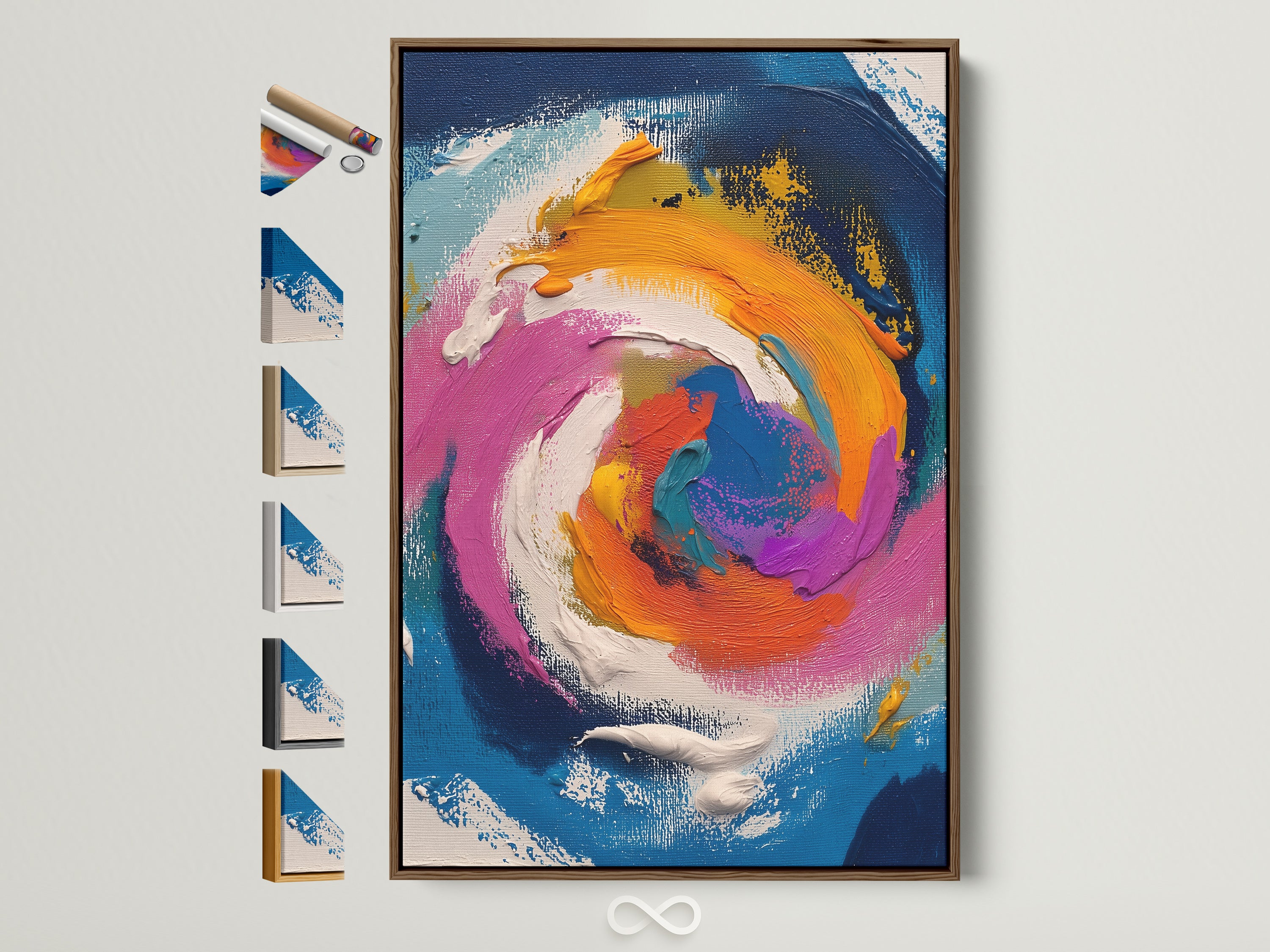A vibrant abstract swirl artwork is displayed in a brown frame. The artwork features bold brushstrokes of blue orange pink and white. Frame options are visible on the side. This colorful modern wall art will elevate any space.