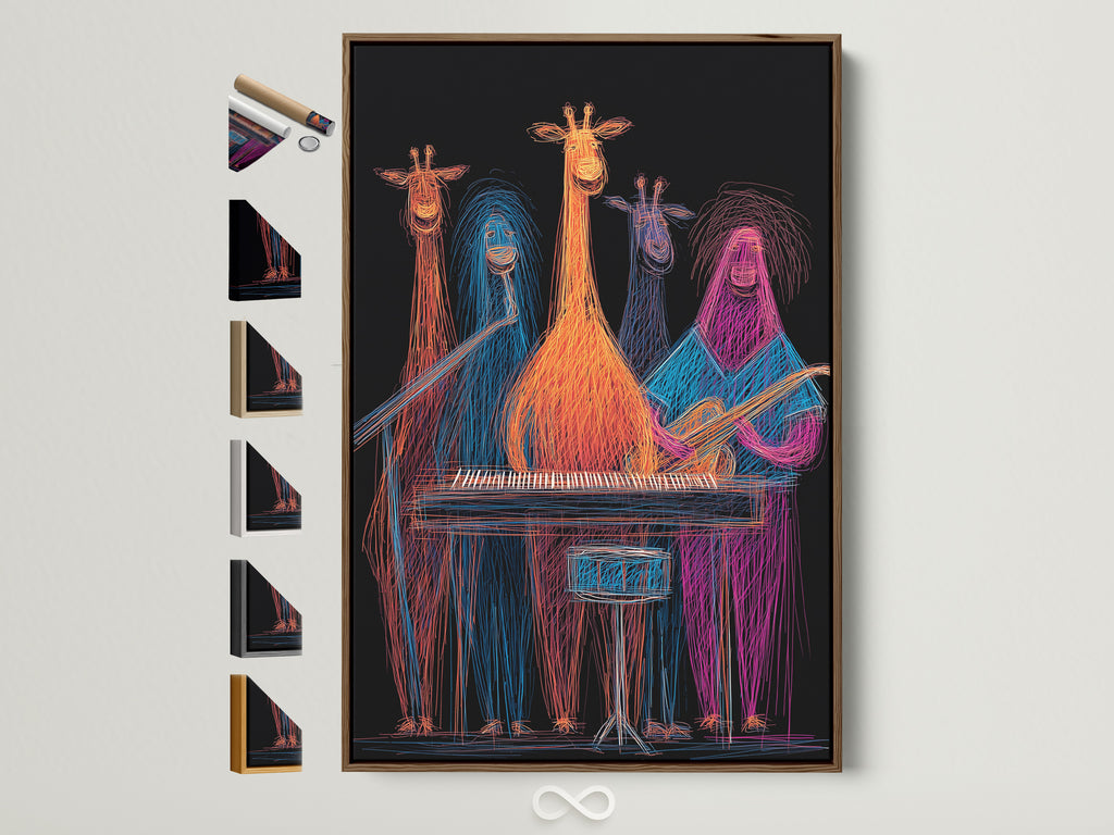 A brown frame displays colorful music wall art featuring a giraffe band. All frame options are visible on the side. Ideal for music rooms and nurseries. This neon animal musicians print adds a playful touch. It enhances studio decor. Discover quirky and vibrant animal artwork.