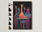 A brown frame displays colorful music wall art featuring a giraffe band. All frame options are visible on the side. Ideal for music rooms and nurseries. This neon animal musicians print adds a playful touch. It enhances studio decor. Discover quirky and vibrant animal artwork.