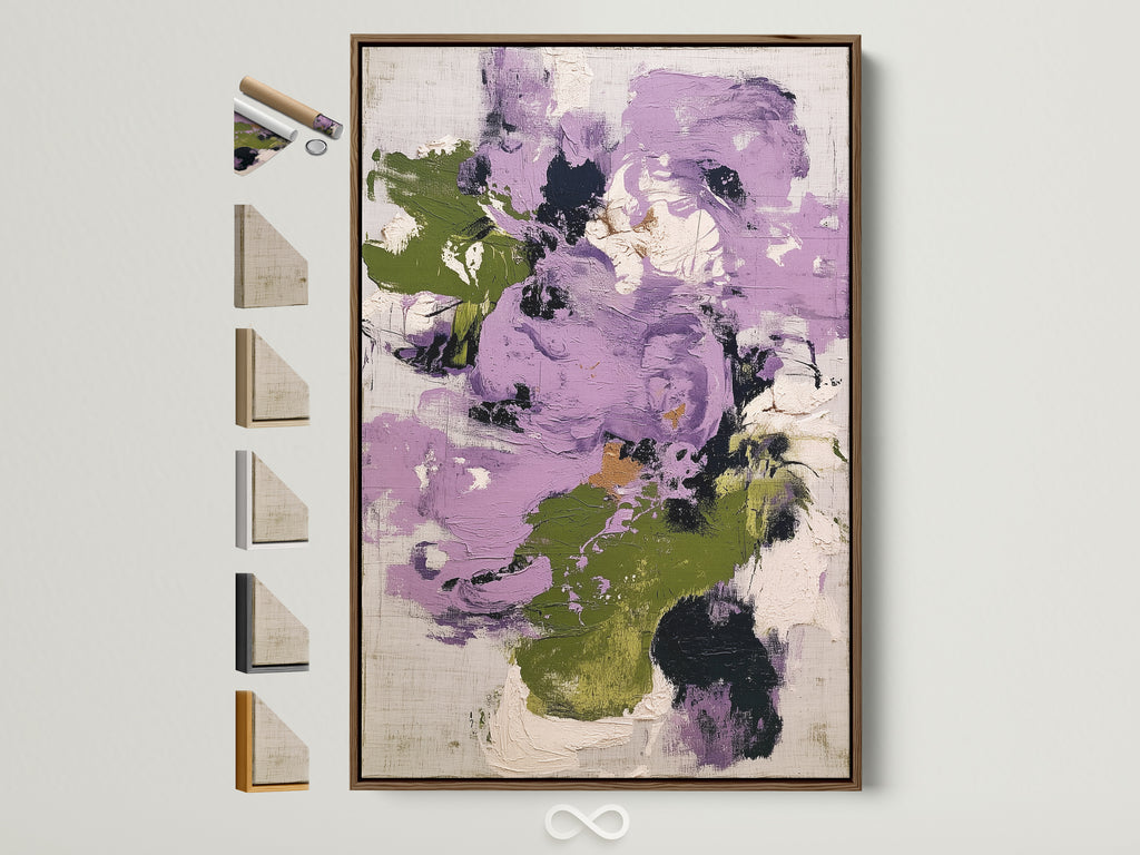 Abstract floral artwork with purple and green hues displayed in a brown frame. Multiple frame options are showcased beside it. This contemporary botanical print enhances bedroom decor. It adds a modern touch to any living space with its vibrant colors and unique style.