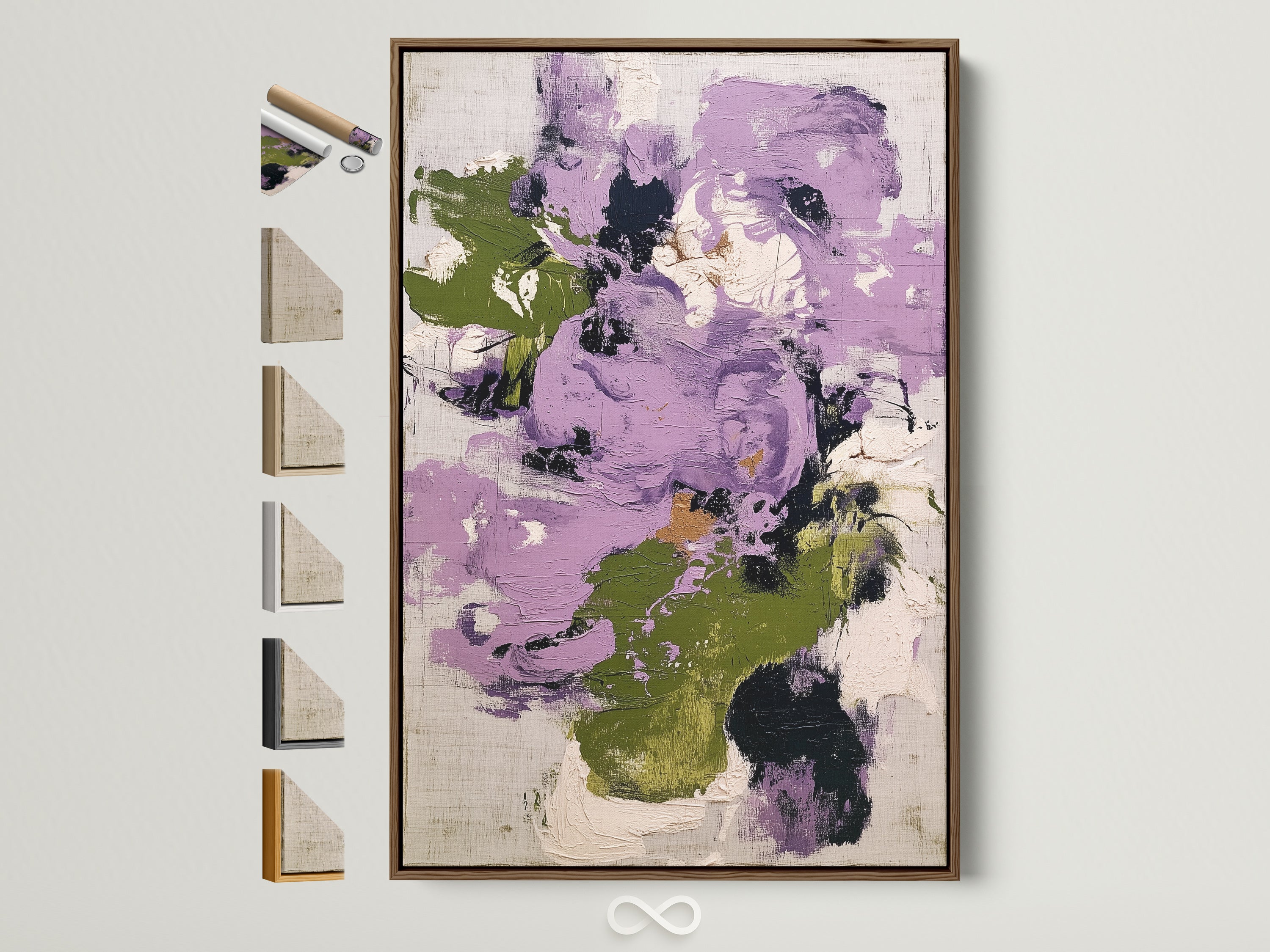 Abstract floral artwork with purple and green hues displayed in a brown frame. Multiple frame options are showcased beside it. This contemporary botanical print enhances bedroom decor. It adds a modern touch to any living space with its vibrant colors and unique style.