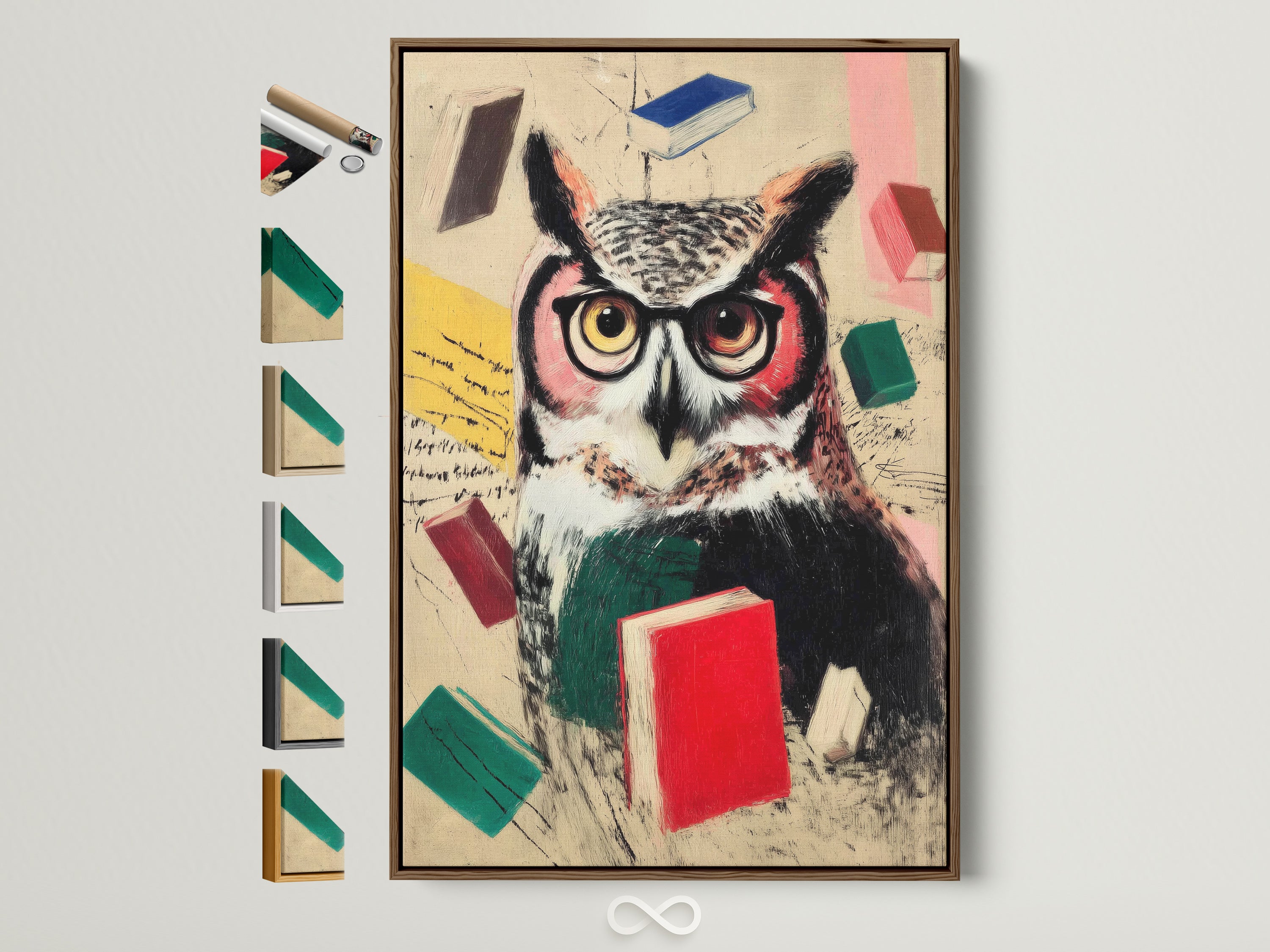 A wise owl canvas print is displayed in a brown frame. This scholarly animal wall art features an owl with books. See all available frame options displayed on the side. Ideal academic study room decor with vintage elements.