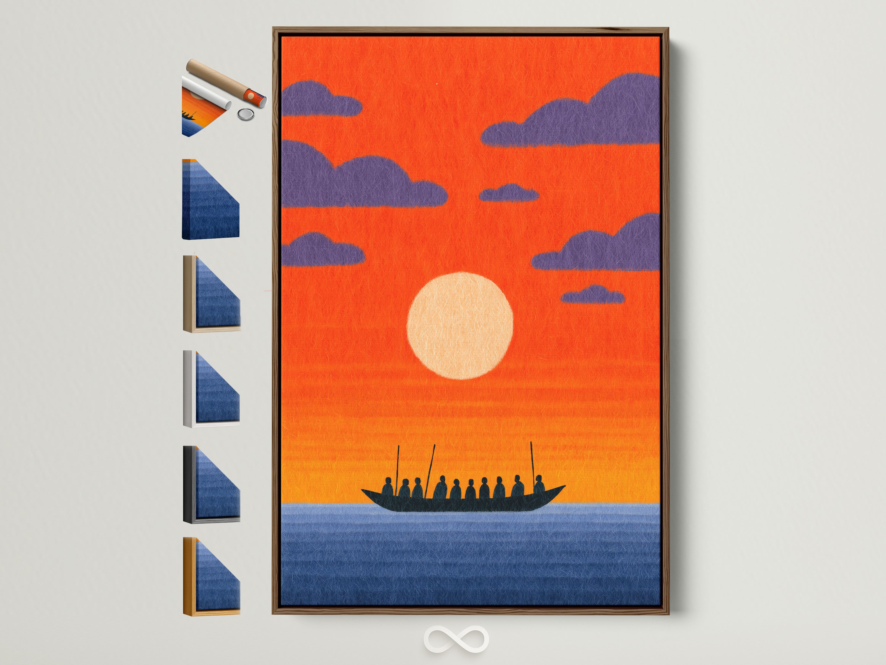 Sunset Boat artwork in a brown frame. This nautical seascape poster adds coastal charm to any bedroom. The warm orange sky creates a relaxing atmosphere. Explore our frame options to customize your art.