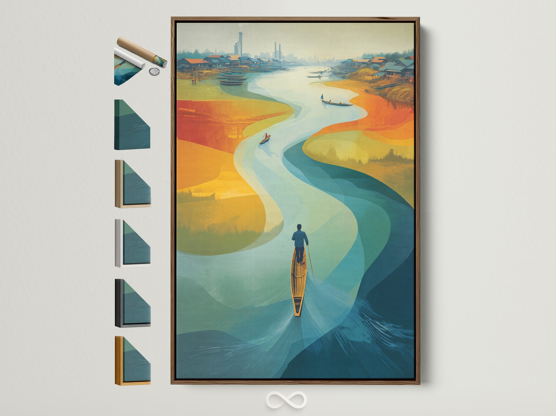 Explore framed artwork options. This is a brown frame showcasing all available frame styles. It is displayed in a bright room. Enhance your walls with framed art prints. Find the perfect frame to complement your artwork.