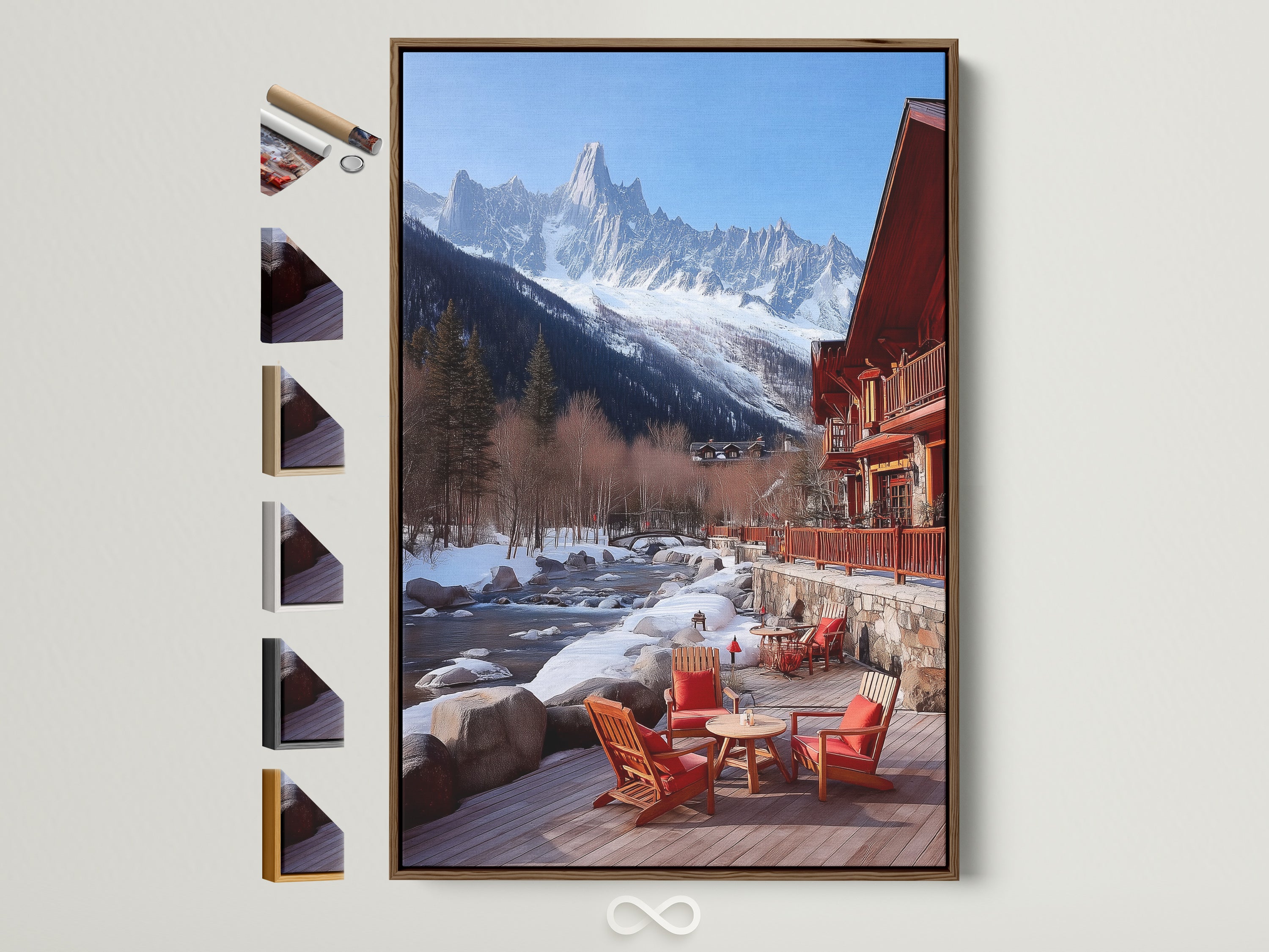 A mountain chalet canvas artwork print is displayed in a brown frame. The print captures a snowy Alps landscape. This rustic lodge artwork is ideal for cabin decor. All frame options are showcased. Perfect for adding a touch of winter charm to any space.