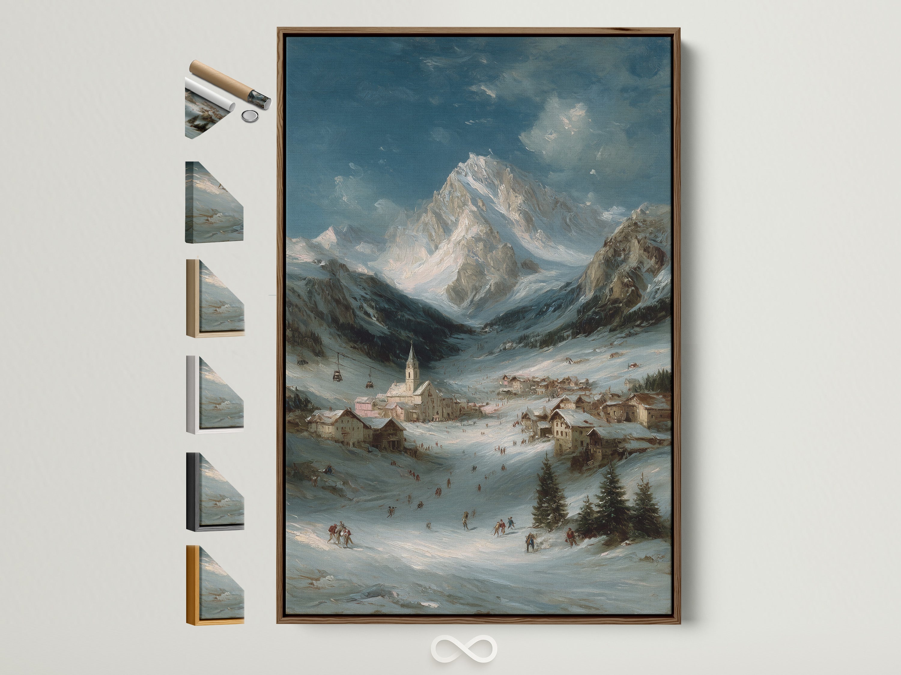 Alpine Village art print in a brown frame. The artwork shows a winter mountain landscape. All frame options are displayed on the side. It is perfect snow scene wall decor for a cozy cabin or home. The primary color is blue.