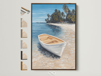 Tropical beach canvas artwork with a white boat in a brown frame. This coastal seascape artwork brings vacation vibes to any room. Perfect nautical artwork for beach house decor. Explore our sea view prints and island art.