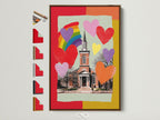 A framed artwork hangs on a white wall. The art features a church with hearts and a rainbow. Several frame options are displayed beside it. Explore art framing options to perfectly complement your style. Find the ideal frame for your artwork today.