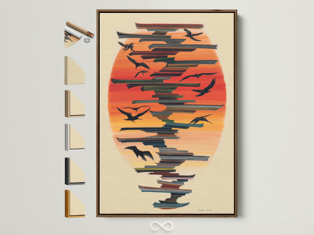 Explore frame options for the Birds in Flight artwork. A brown frame displays the abstract sunset wall art. See other frame colors available. Perfect coastal artwork for home decor.