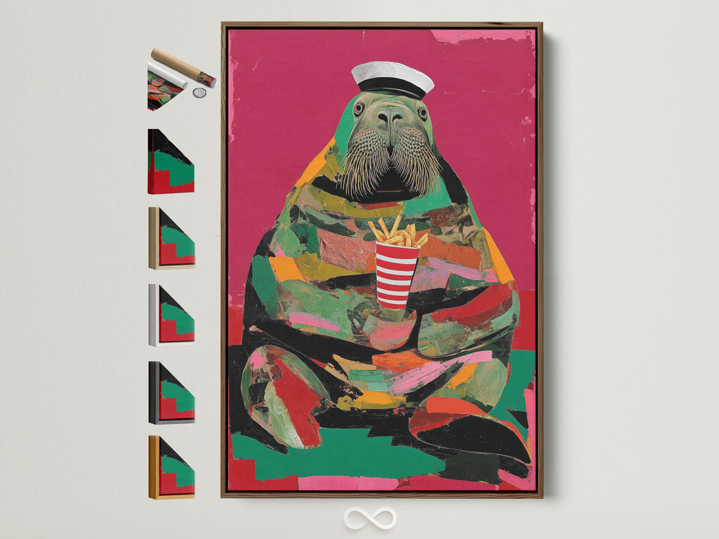Walrus Sailor art print in a brown frame. A quirky pop art walrus wall decor. The colorful animal canvas adds charm to any kitchen or cafe space. Frame options displayed.
