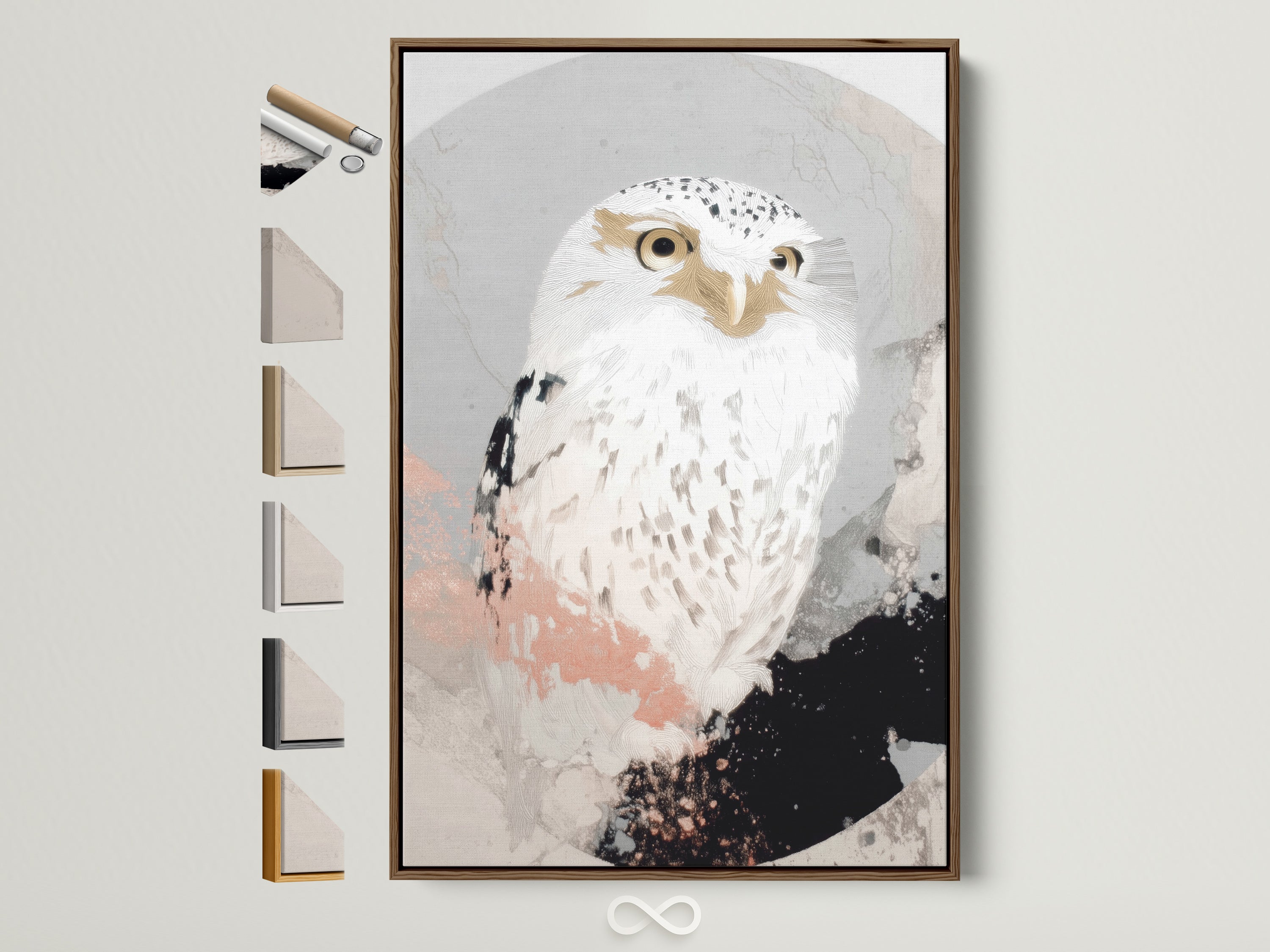 Explore framed modern wildlife wall art. The beige and black white owl artwork is showcased in a brown frame. See all frame options available. Perfect for bedroom decor. It complements minimalist and contemporary aesthetics. Discover nature canvas art and owl wall decor.