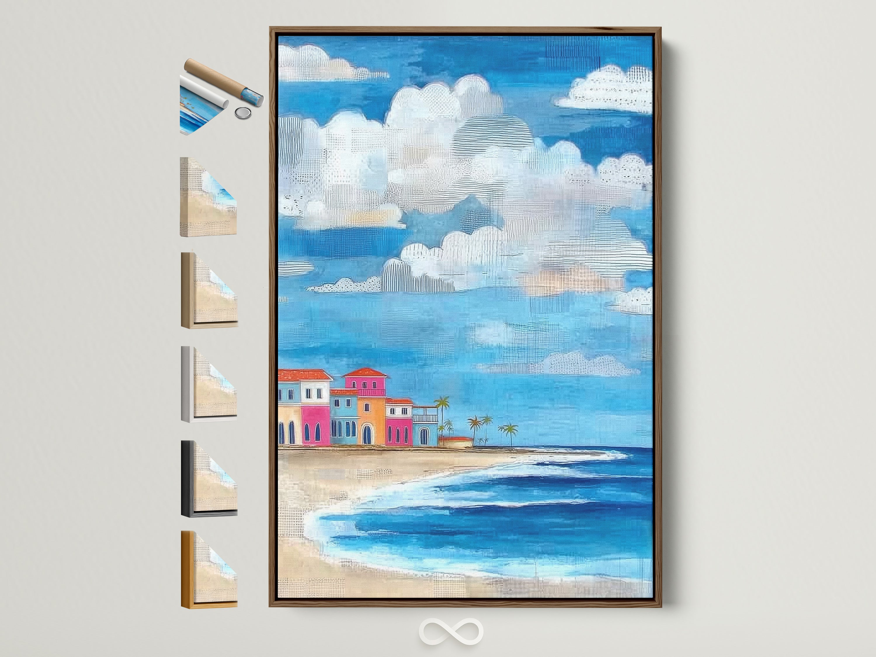 Coastal beach artwork with a brown frame. The artwork features colorful beach houses. Find this tropical seascape wall art framed in various styles. See all the frame options available.