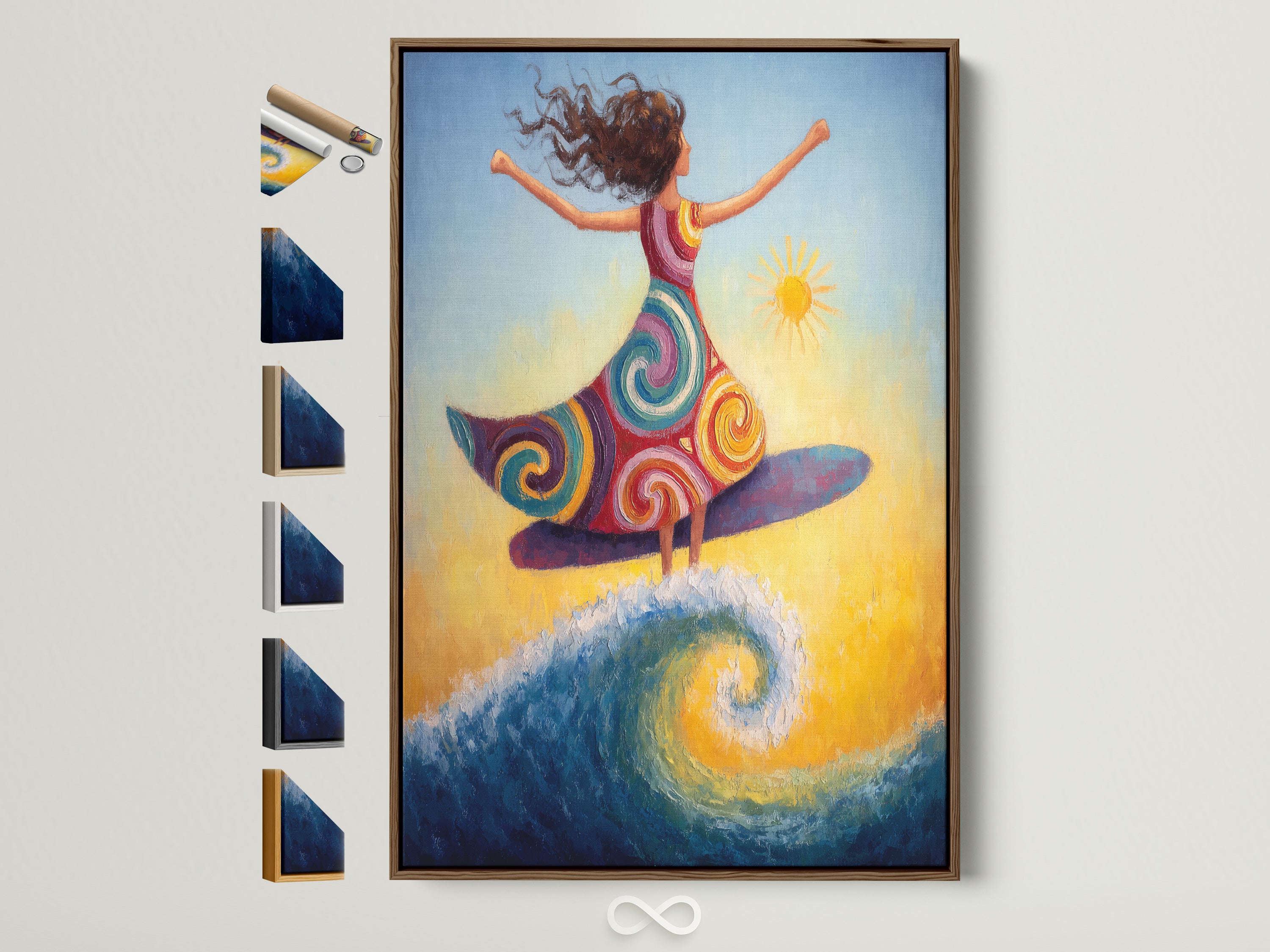 A surfing girl canvas artwork is displayed in a brown frame. Various frame options are showcased beside it. This bohemian wall art adds a coastal decor touch to any room. Perfect summer vibes art for homeowners and interior designers.