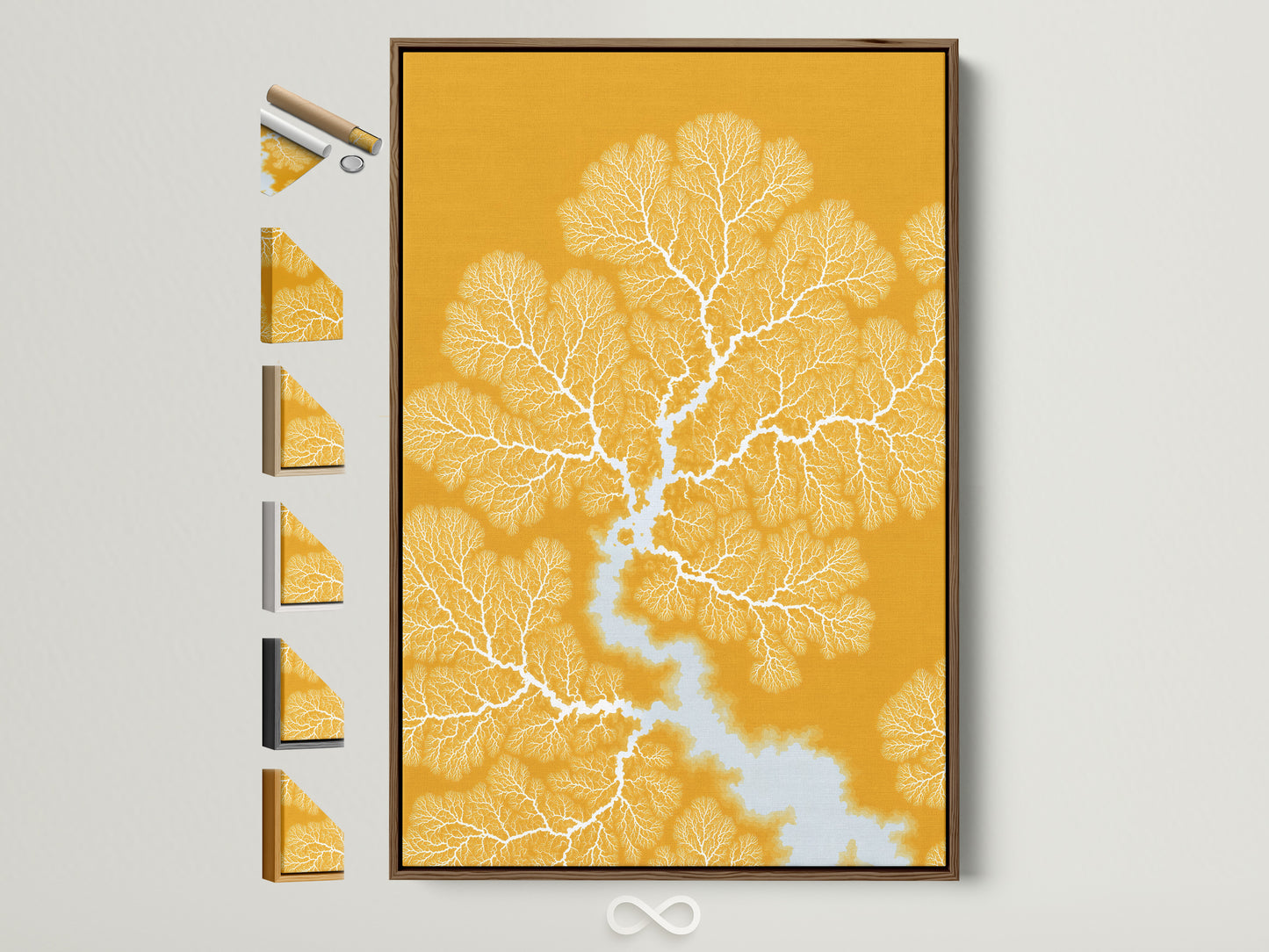 Botanical Fractal Canvas Print with a Brown Frame and all frame options displayed. This mustard yellow artwork with abstract branch art is perfect for modern home decor. It adds a touch of geometric art and scandi style to any room.